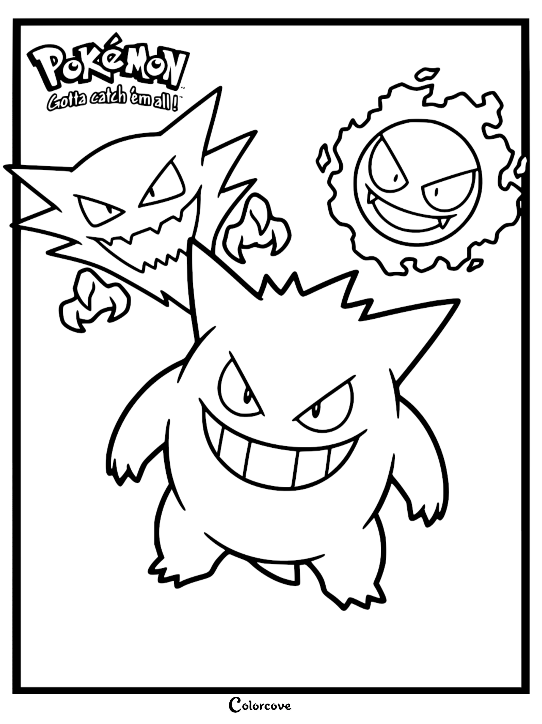 A printable coloring page featuring Gengar standing in front while Haunter and Gastly float menacingly in the background.
