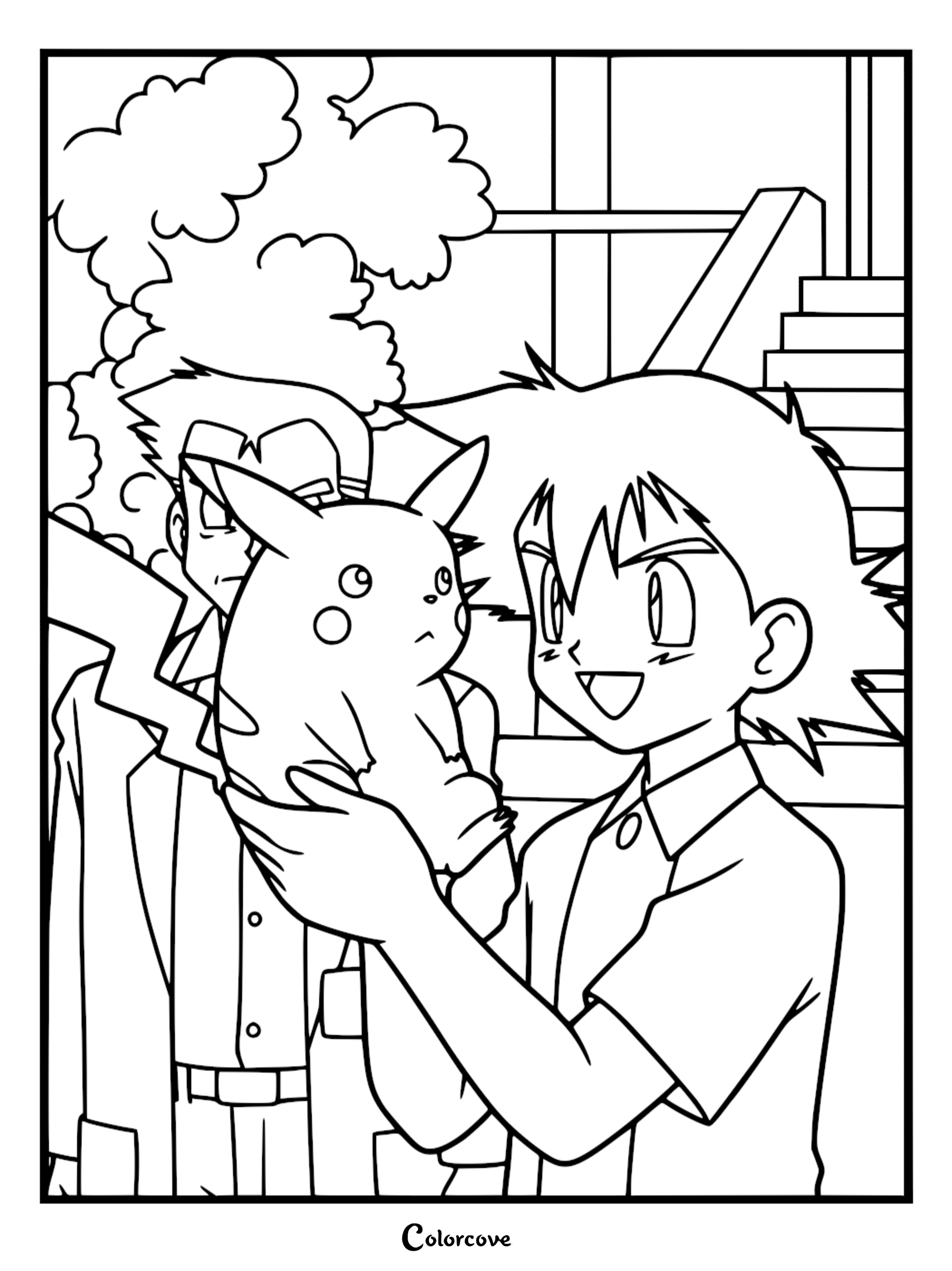 Ash Ketchum holding Pikachu while Professor Oak stands behind them in this Pokémon Indigo League coloring page.