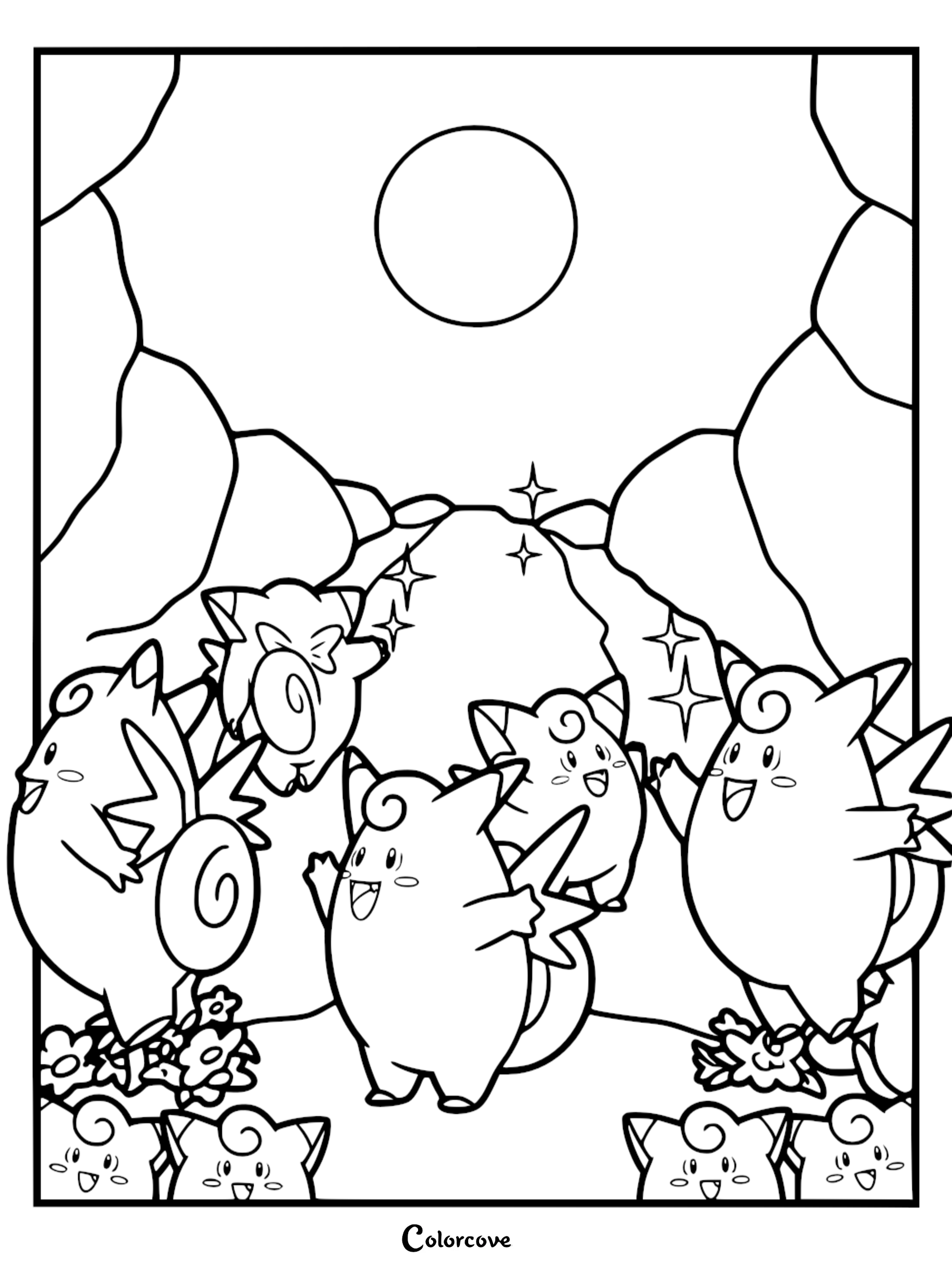 A group of Clefairy dancing and playing under a full moon in a rocky landscape coloring page.