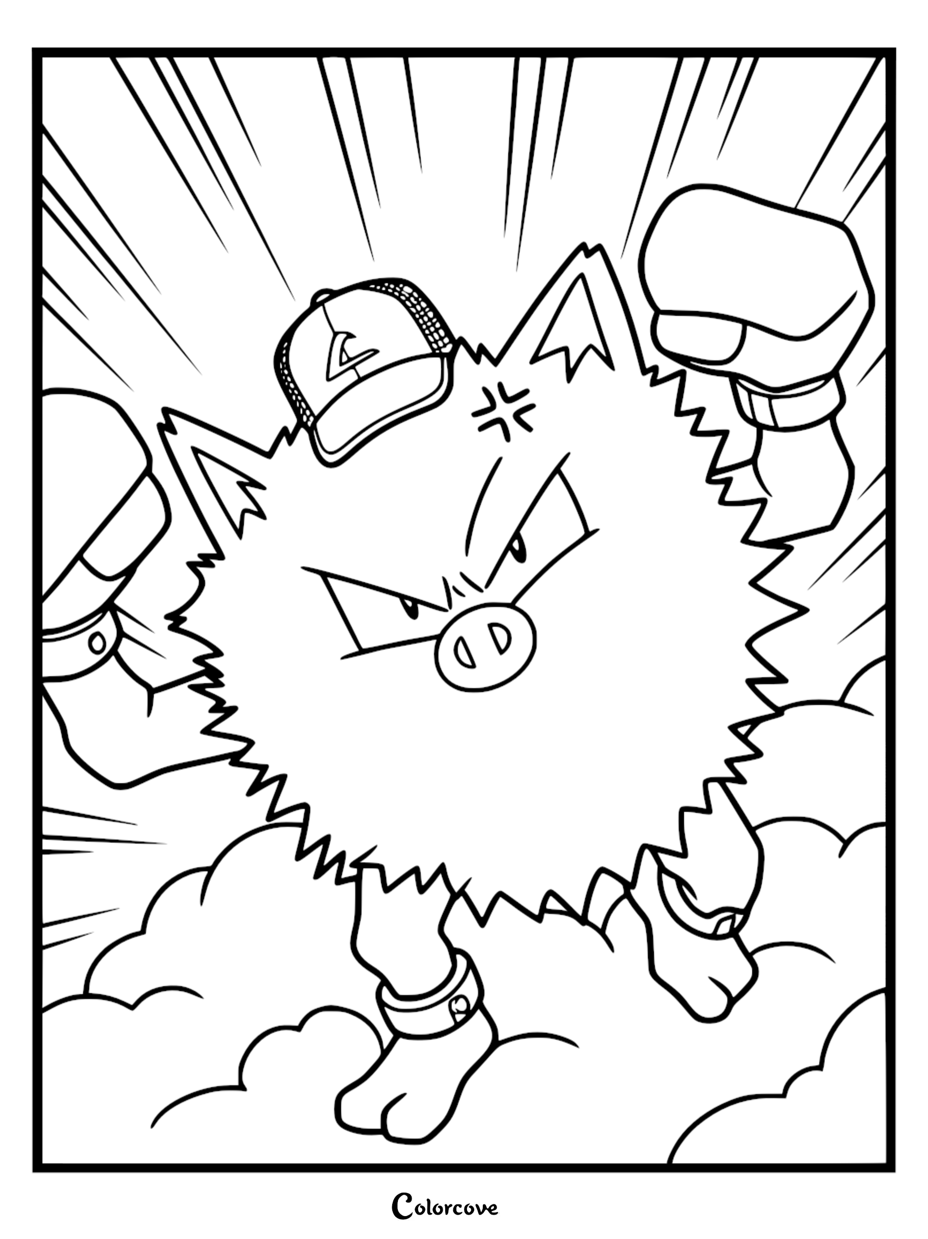 Primeape wearing Ash Ketchum's signature hat in a dynamic boxing pose, printable coloring page.
