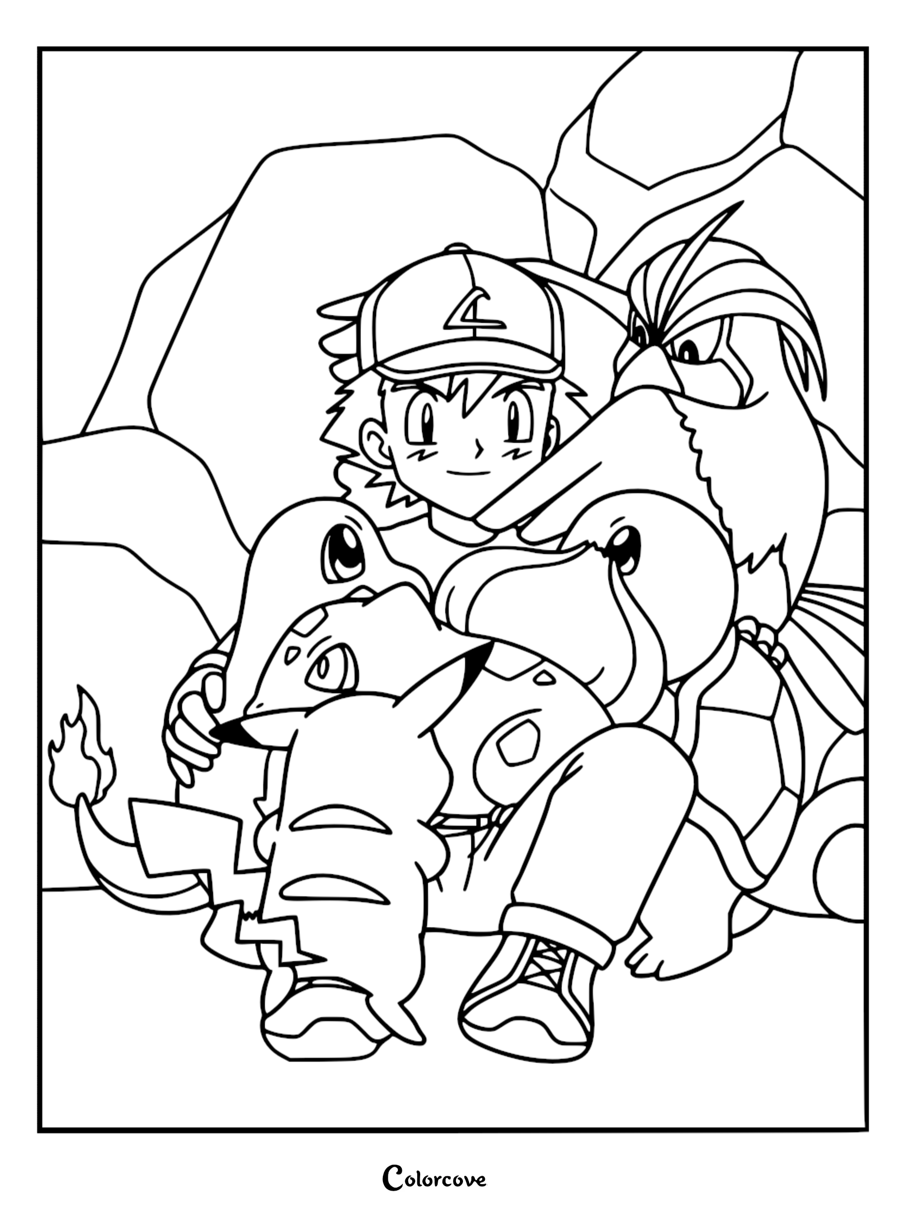 Ash Ketchum sitting with Pikachu, Bulbasaur, Charmander, Squirtle, and Pidgeot in this detailed Pokémon Indigo League coloring page.