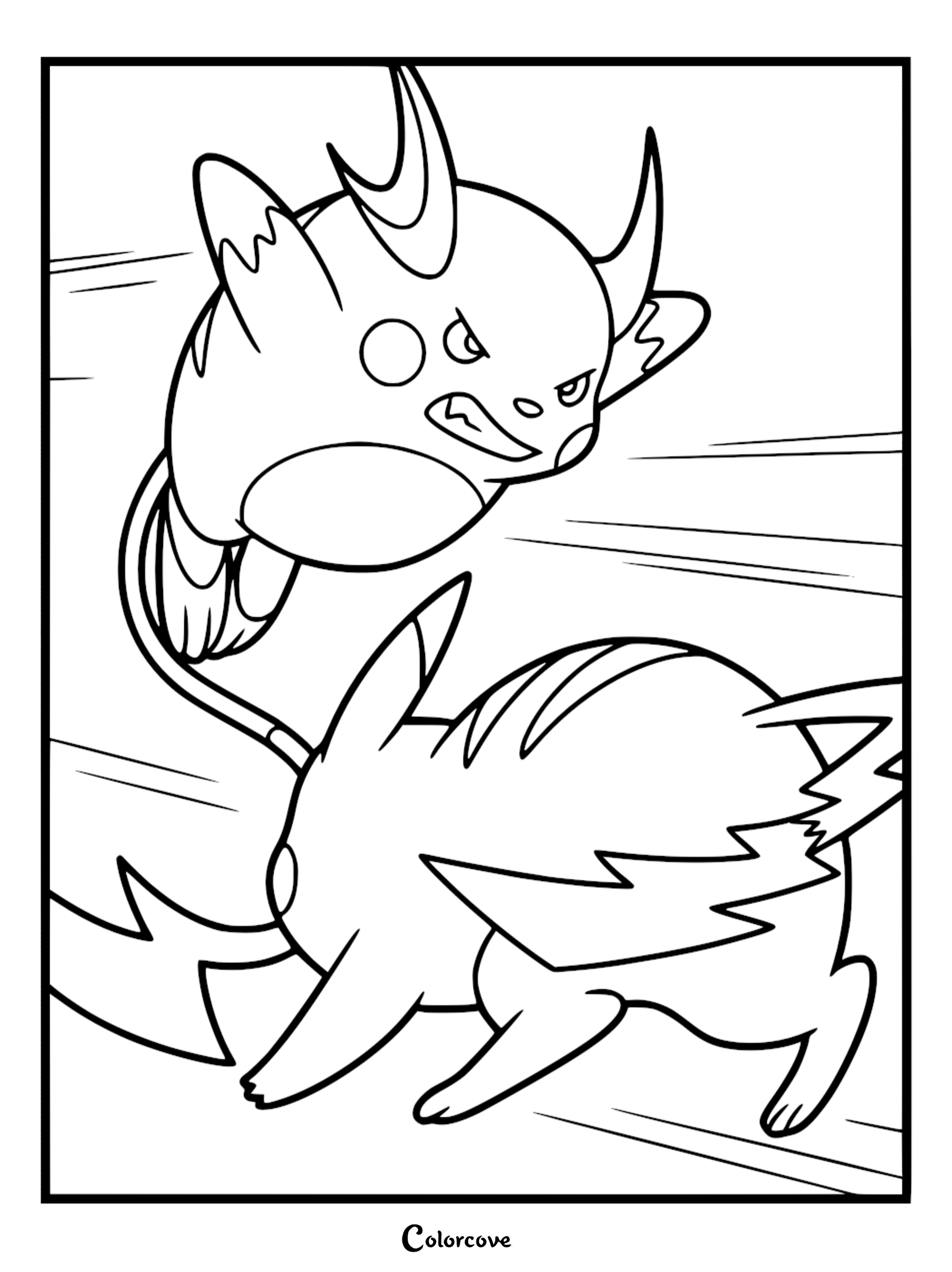 Raichu leaping through the air to attack Pikachu in this action-packed Pokémon Indigo League coloring page.