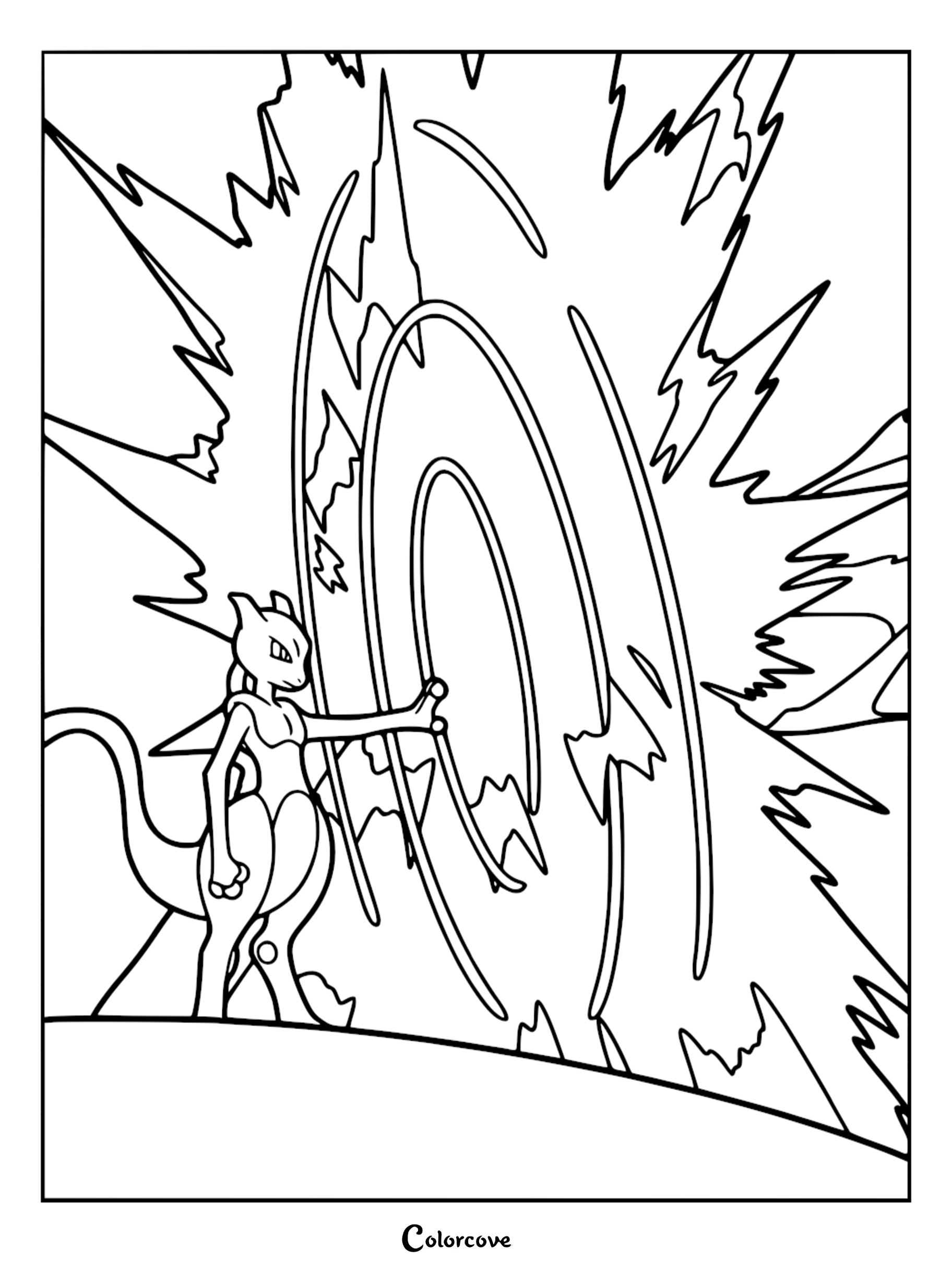 Mewtwo standing on a hill creating a large circular energy blast in this printable Pokémon Indigo League coloring page.