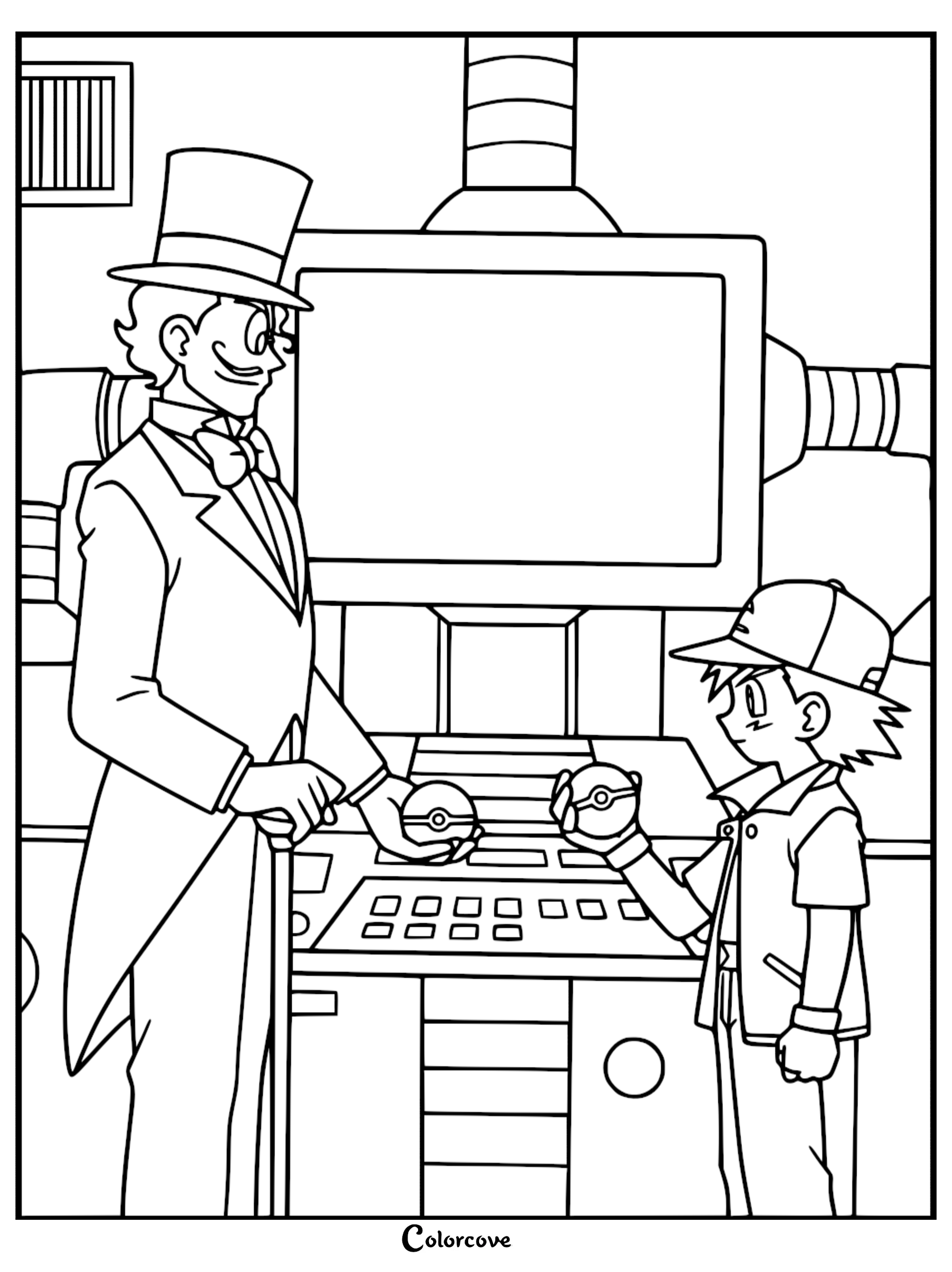 Ash Ketchum trades his Butterfree for a Gentleman's Raticate in this printable coloring page.