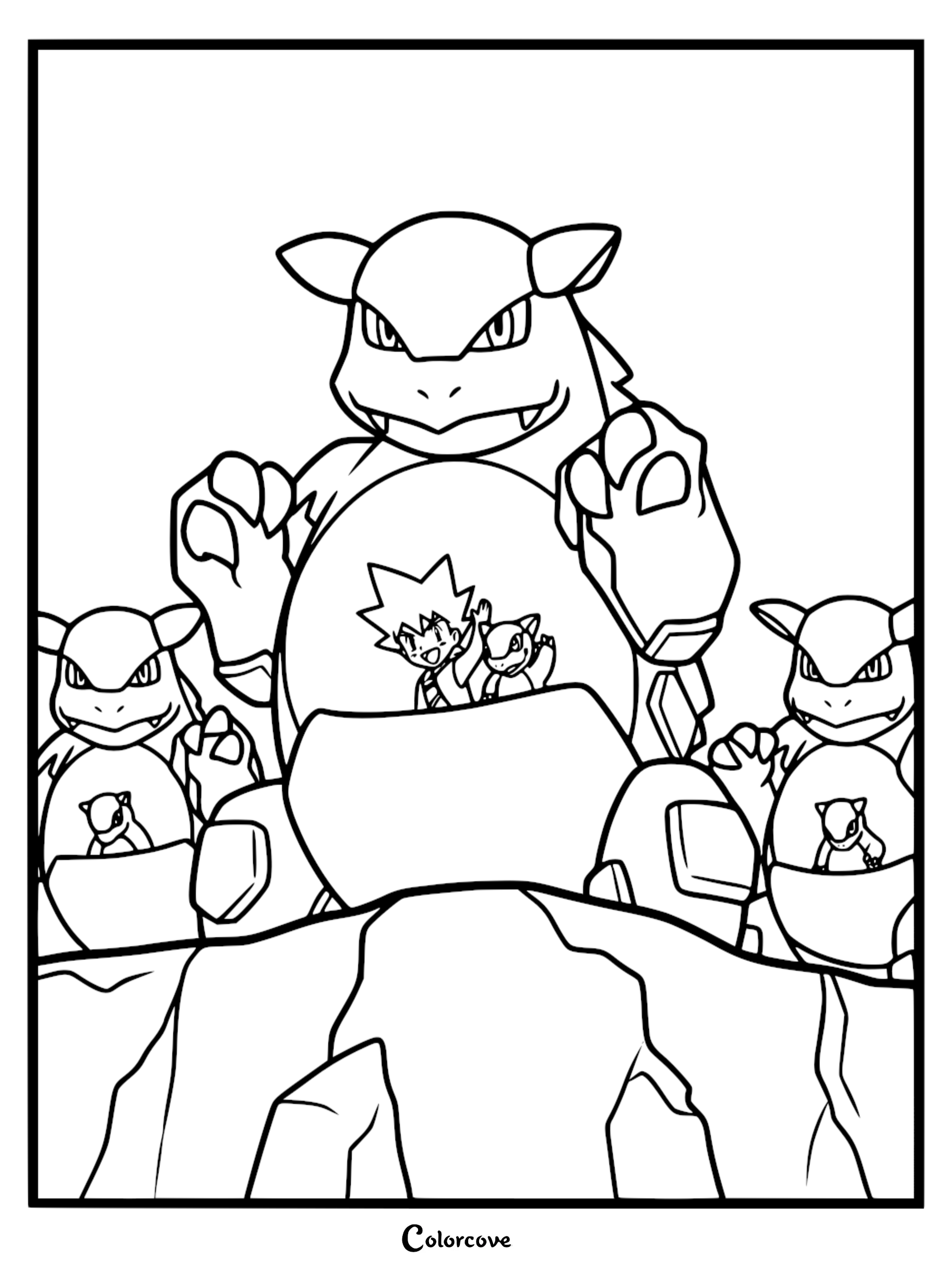 A group of Kangaskhan stand at a cliff, in this Pokémon Indigo League coloring page.