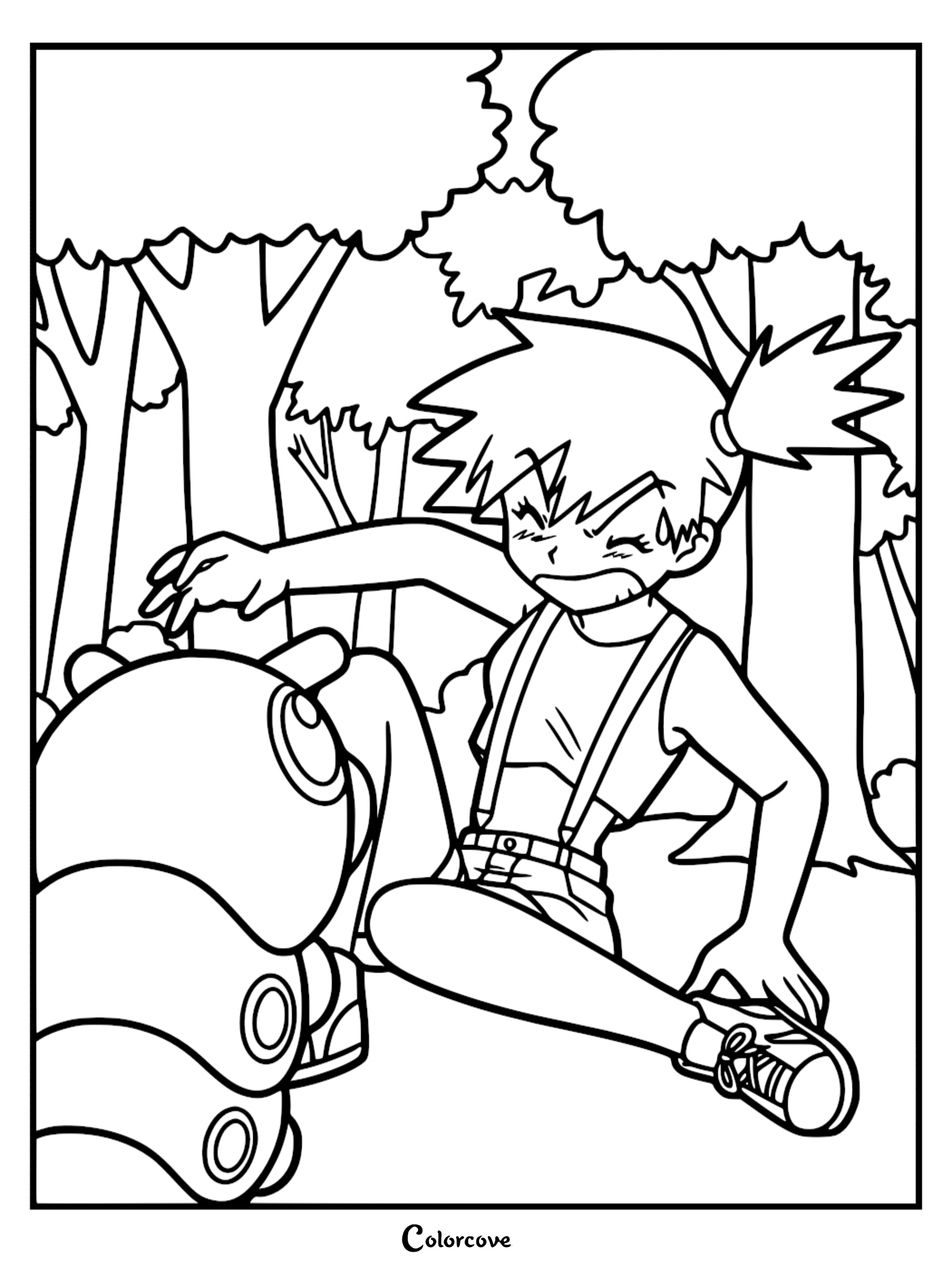 Misty looking startled and reaching out toward a Caterpie in a forest setting, detailed line art coloring page.