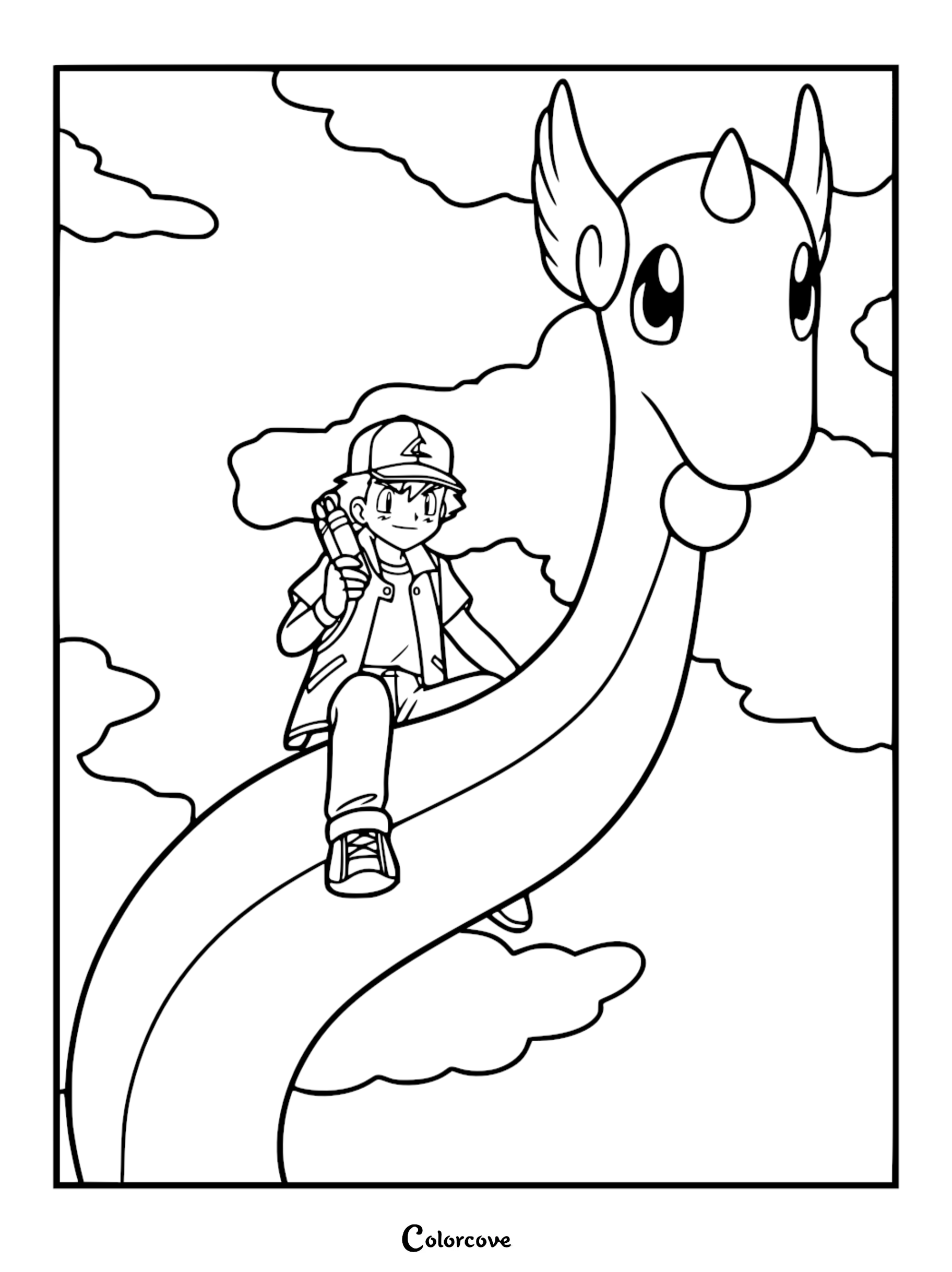 Ash Ketchum holding a Poké Ball while riding on the back of a flying Dragonair in this printable coloring page.