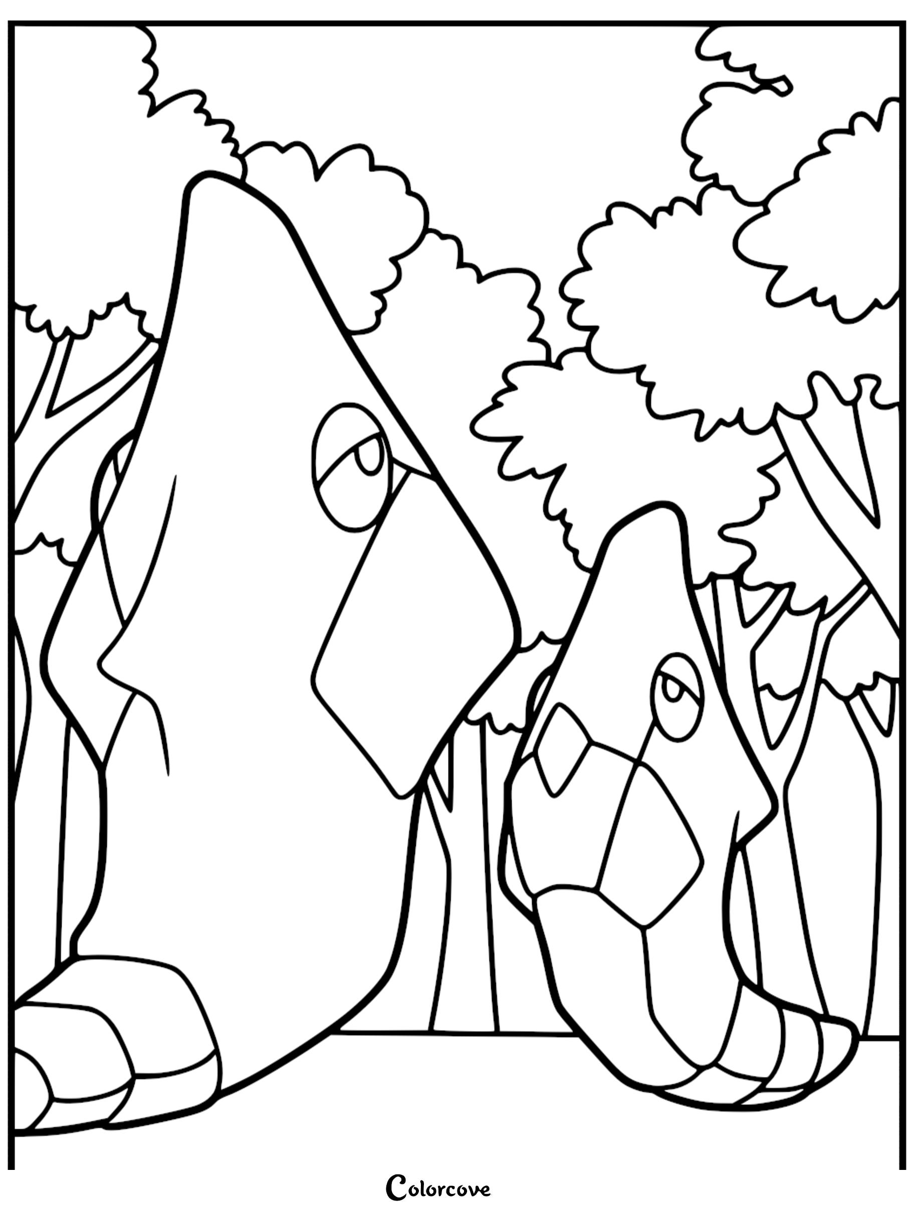 Two Metapod Pokémon standing side by side in a forest setting, line art coloring page.
