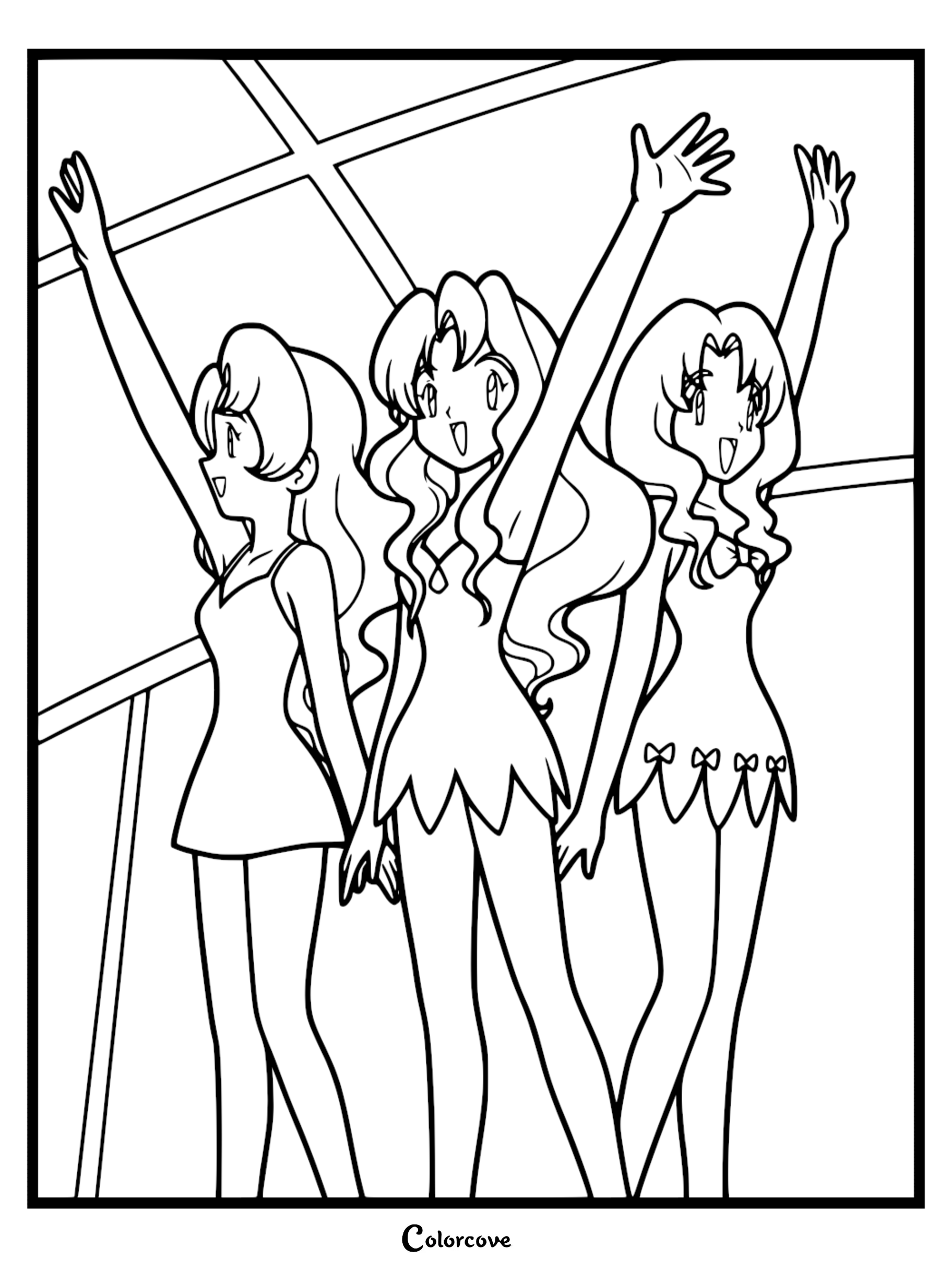 Line art coloring page featuring Daisy, Violet, and Lily from the Cerulean Gym waving with their arms raised.