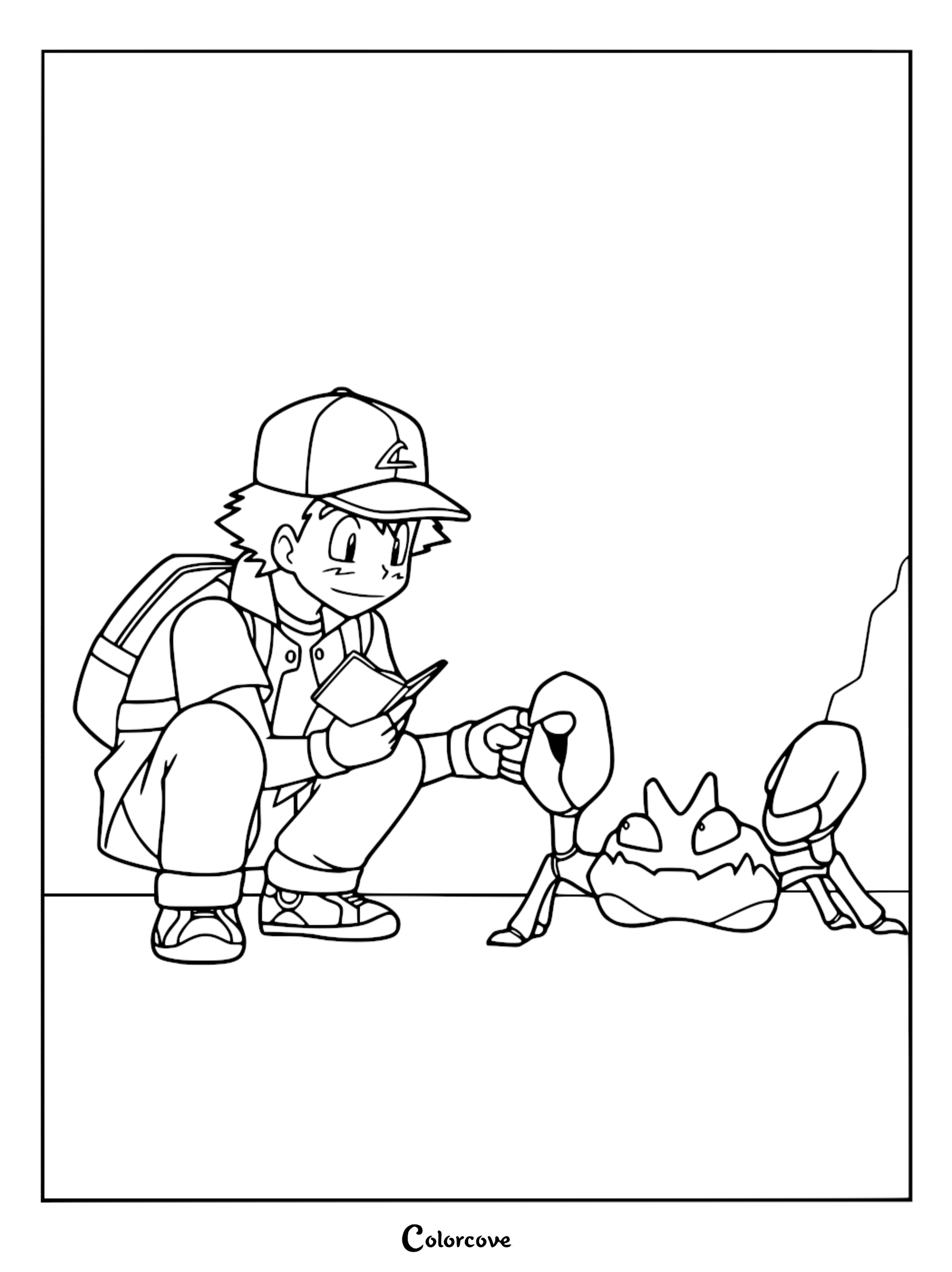 Ash Ketchum crouching and reading from his Pokedex while petting a Krabby in this printable coloring page.