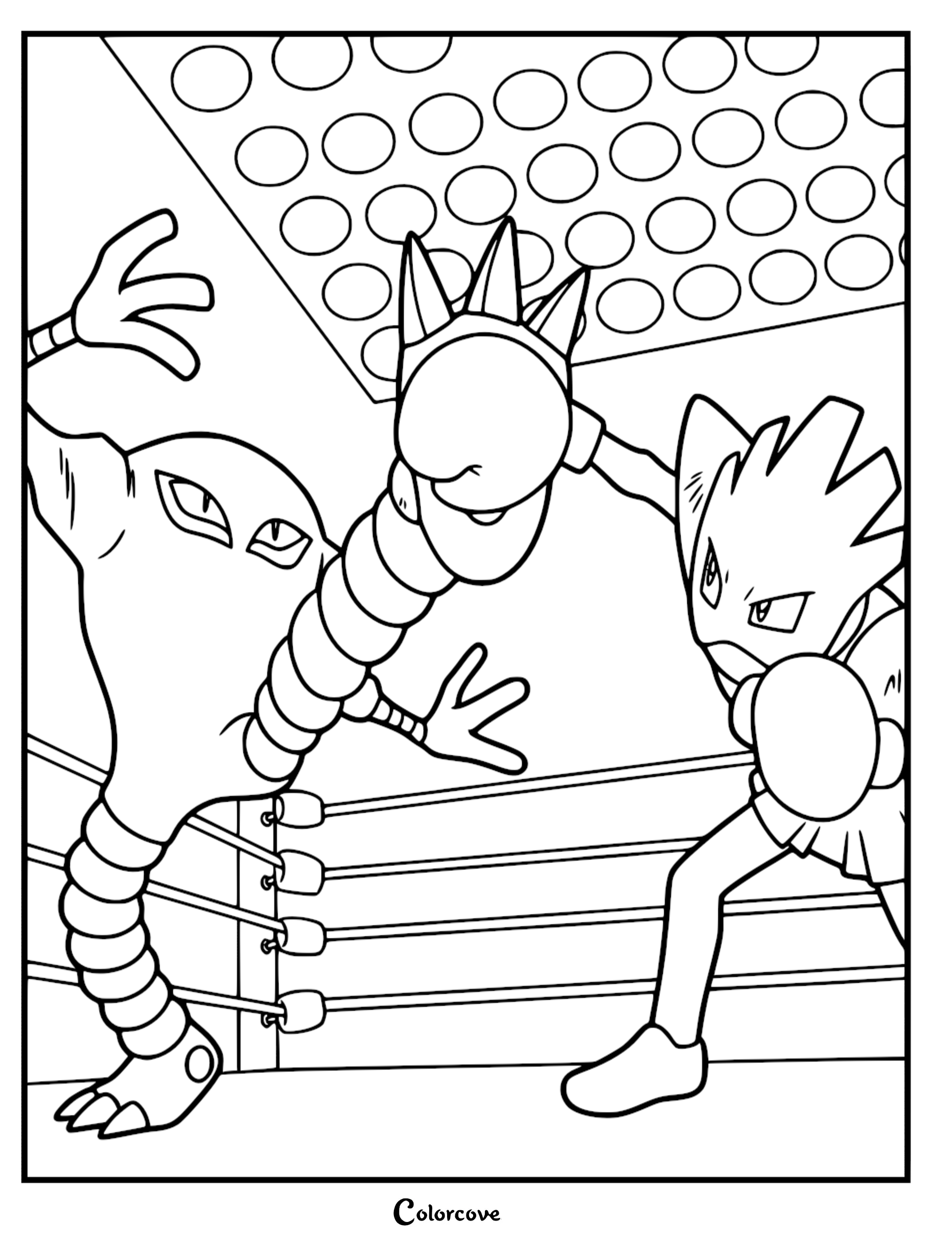 Hitmonlee using a high kick against Hitmonchan in a boxing ring, detailed line art coloring page.