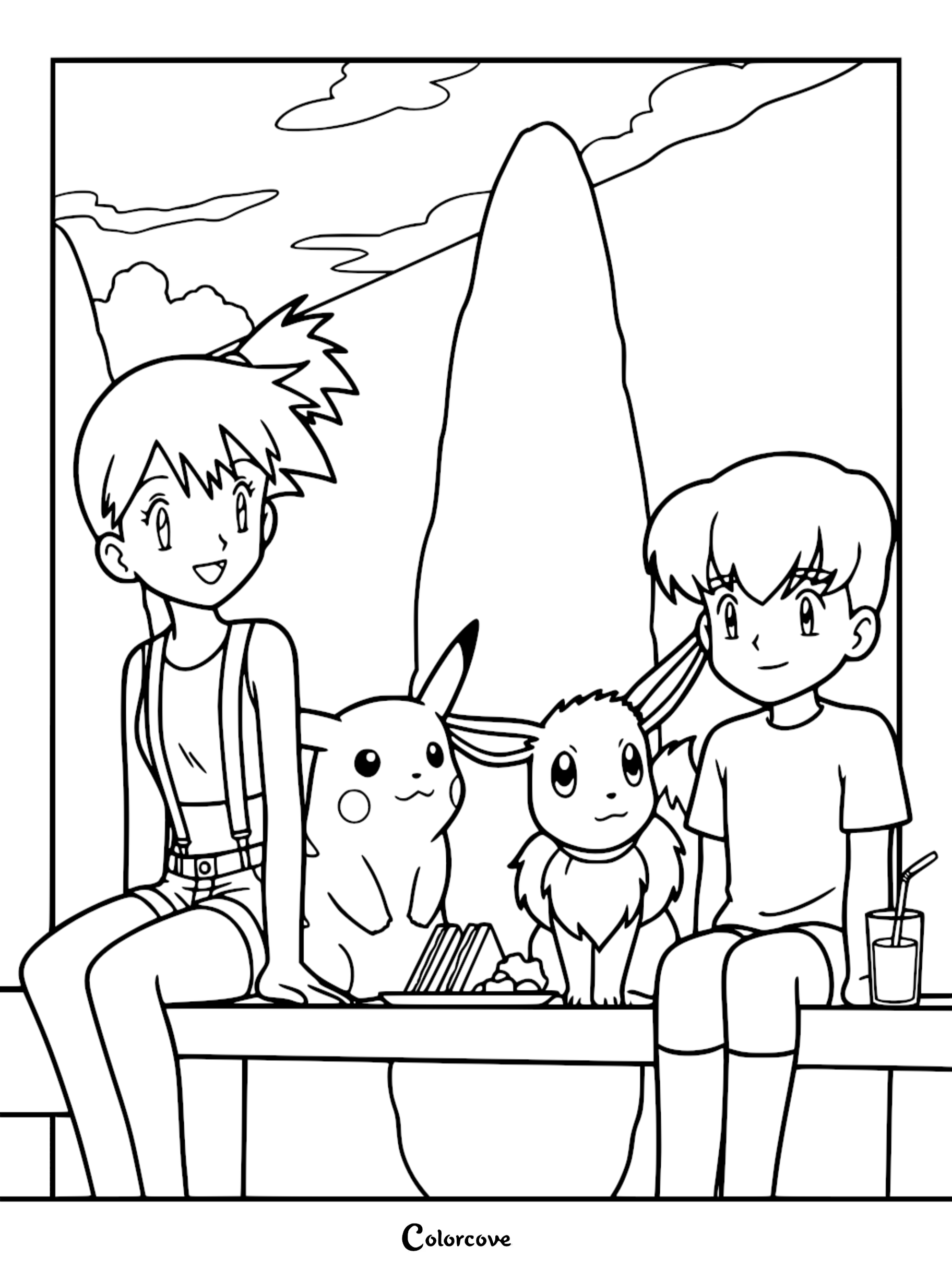 Misty and Mikey sitting on a bench with Pikachu and Eevee eating a picnic lunch in this Pokémon Indigo League coloring page.