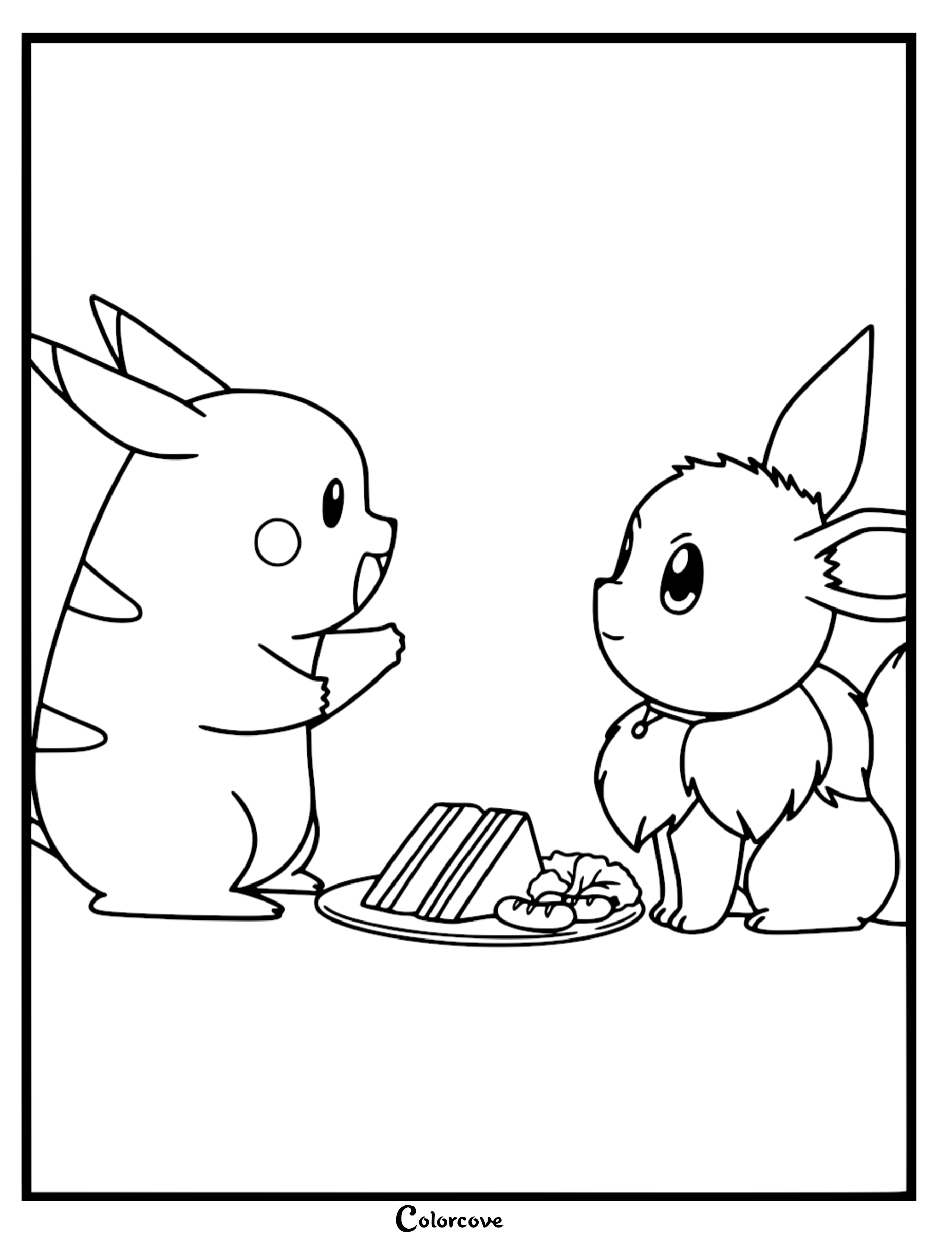 Pikachu and Eevee sitting across from each other at a plate with a sandwich, printable coloring page.