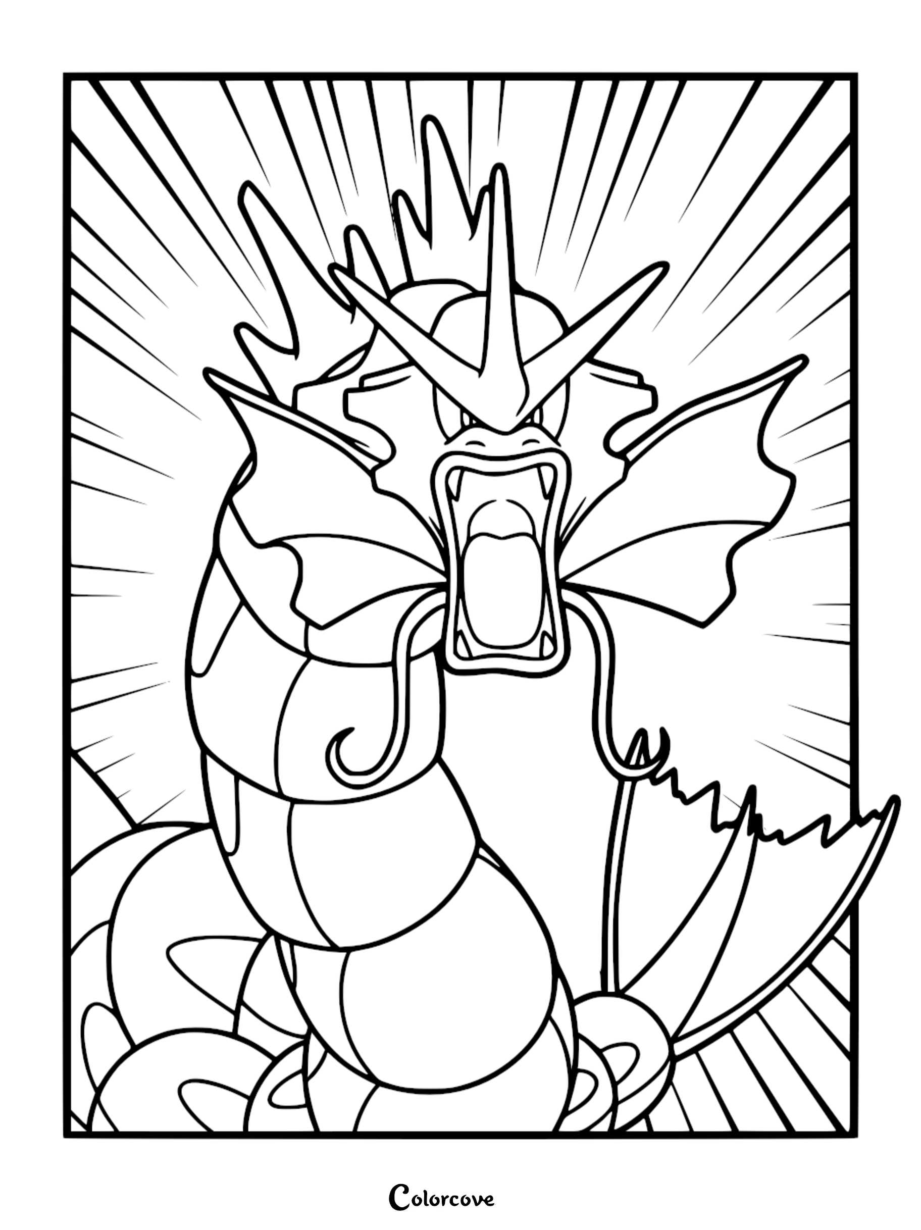 Gyarados with mouth wide open and radiating speed lines in a printable coloring page.