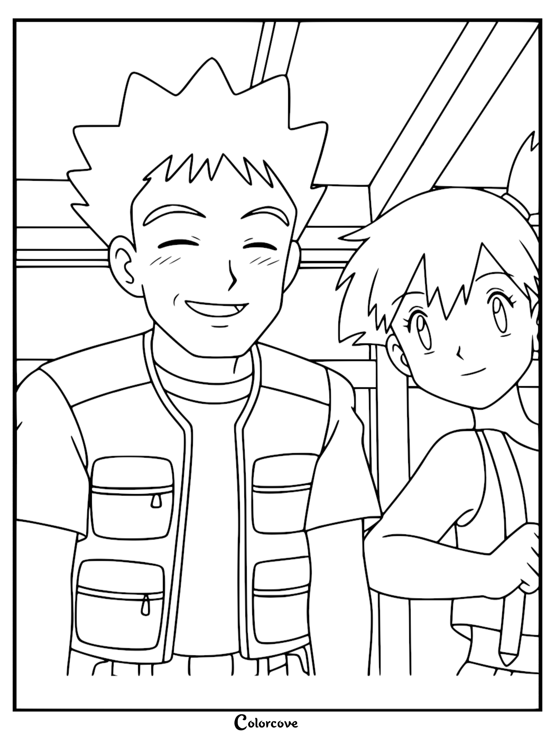 Brock with spiky hair and Misty with a side ponytail smiling together in this Pokémon Indigo League coloring page.
