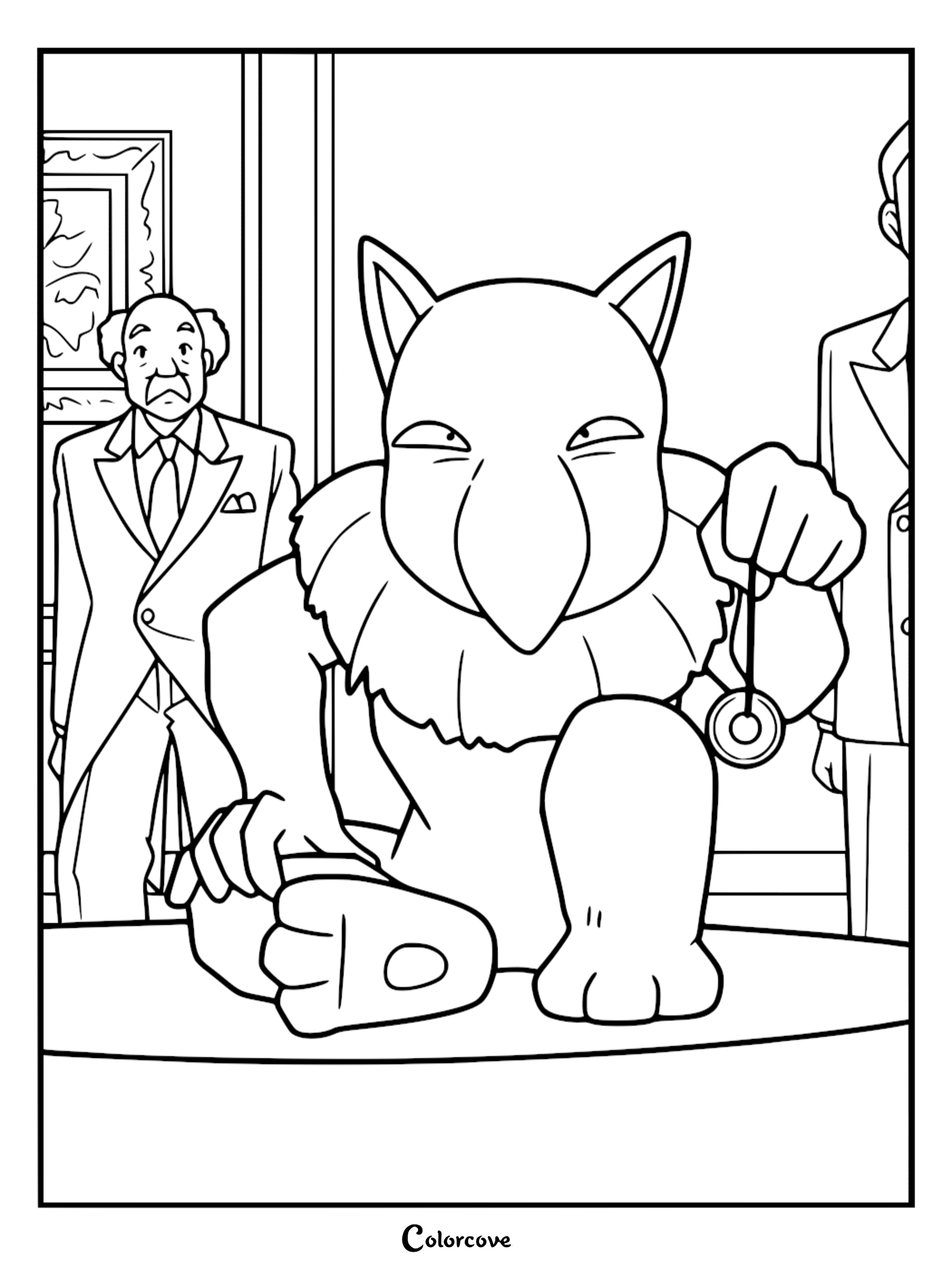 Hypno swinging a pendulum in front of a man in a suit, detailed line art coloring page.
