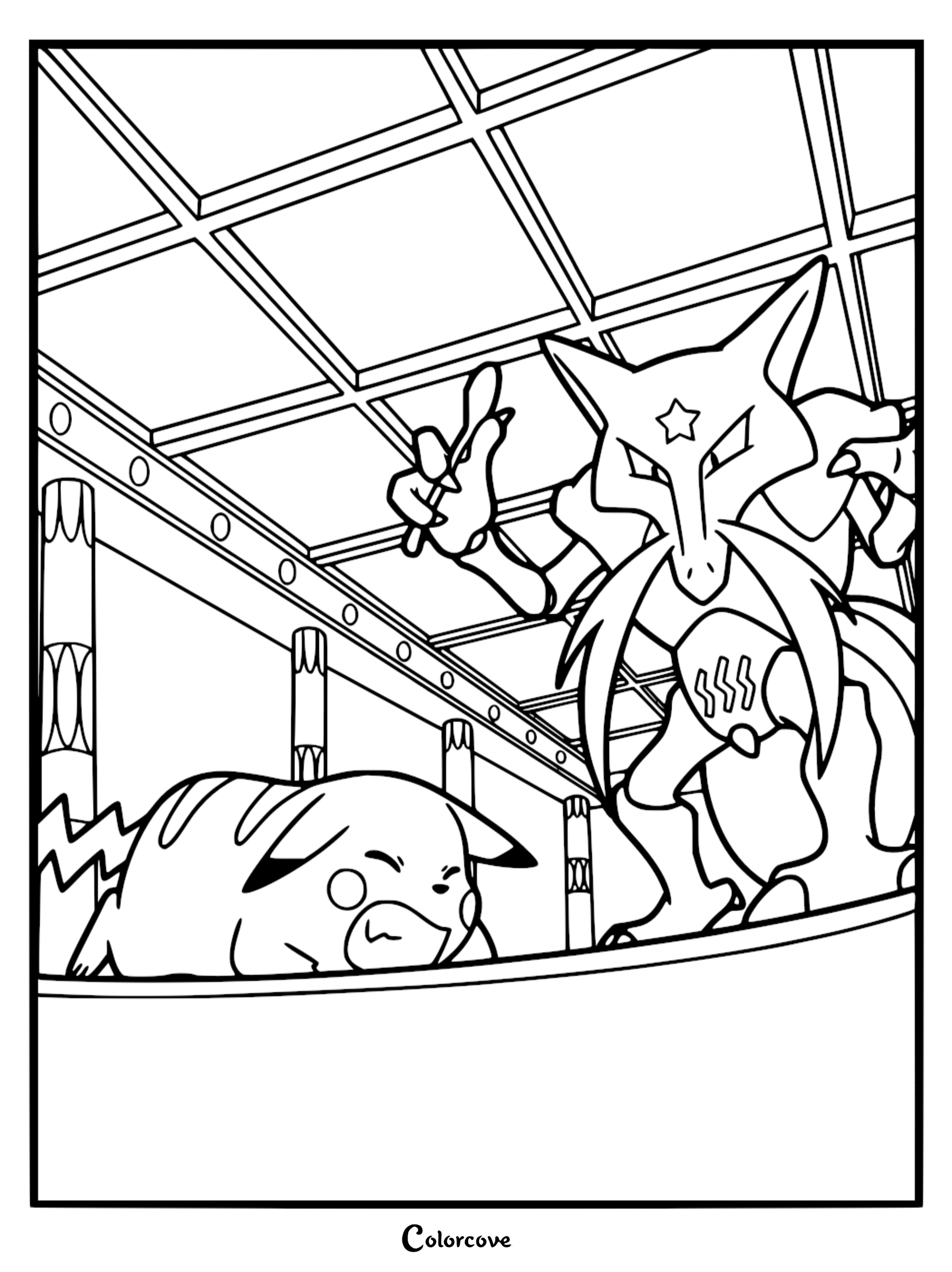 Kadabra holding a spoon standing over a defeated Pikachu in a gym arena coloring page