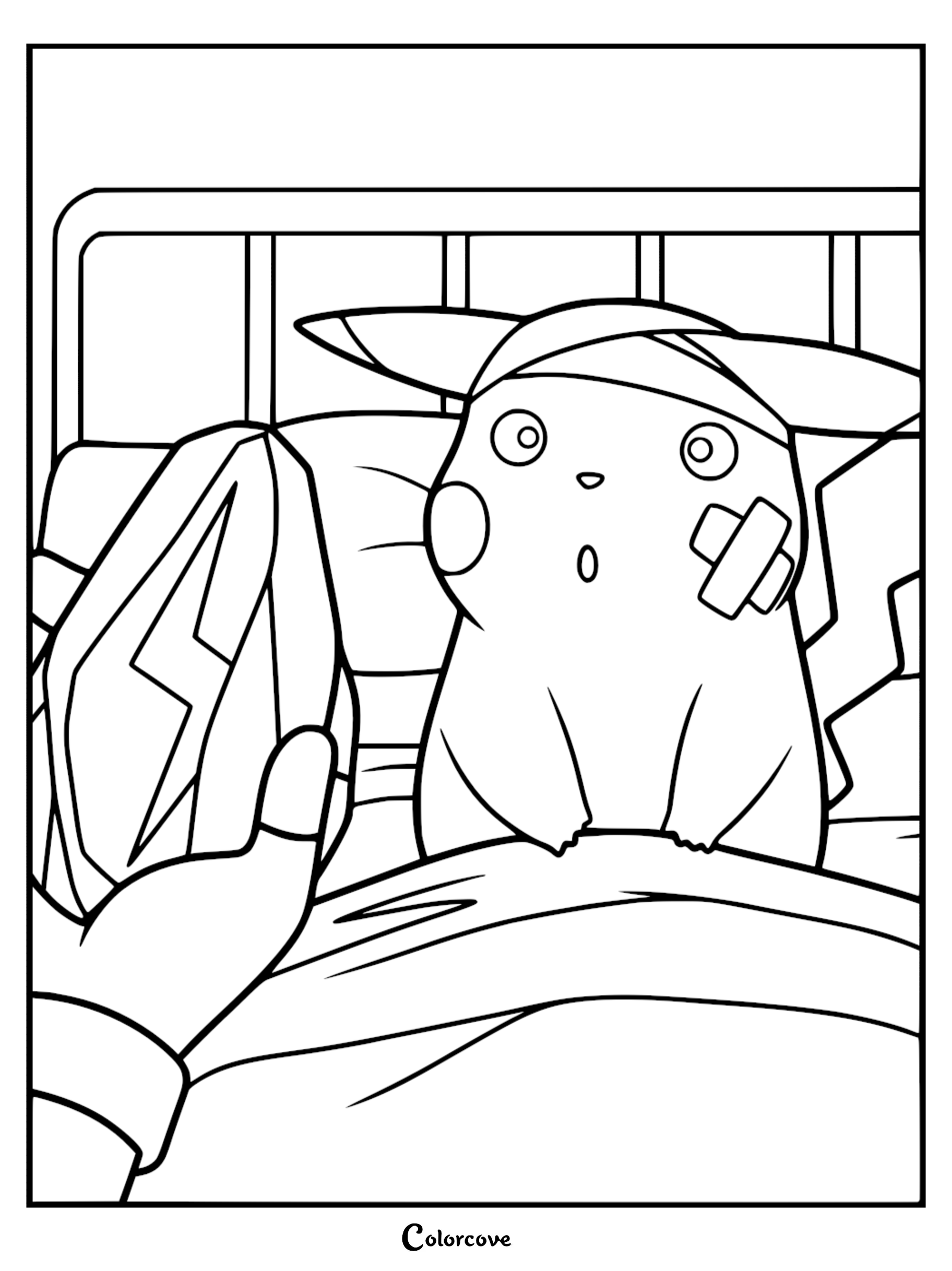 Pikachu with a bandage on its head and cheek resting in a hospital bed, looking at a Thunder Stone held by a hand, coloring page.
