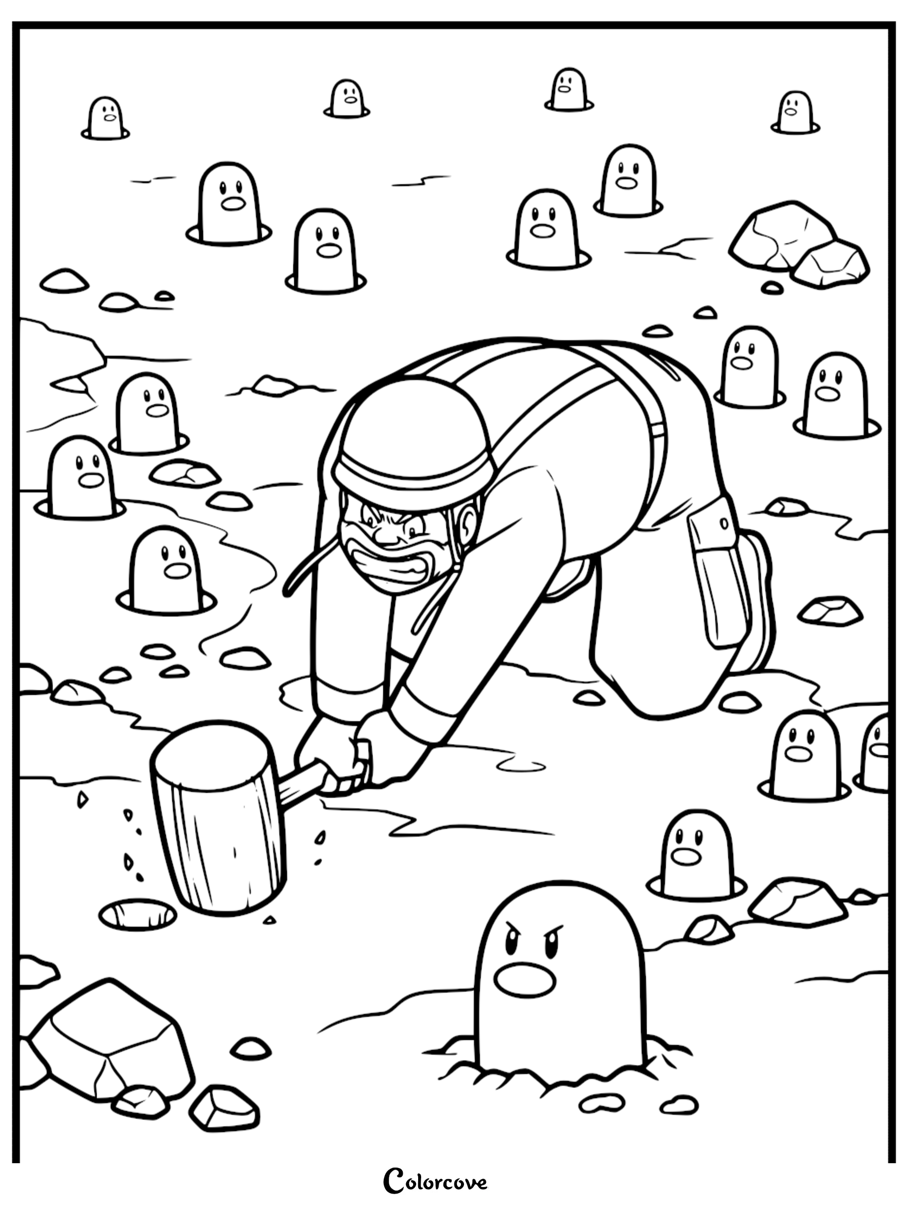 A construction worker using a mallet to play a Whack-a-Mole style game with many Diglett popping out of the ground in this printable coloring page.
