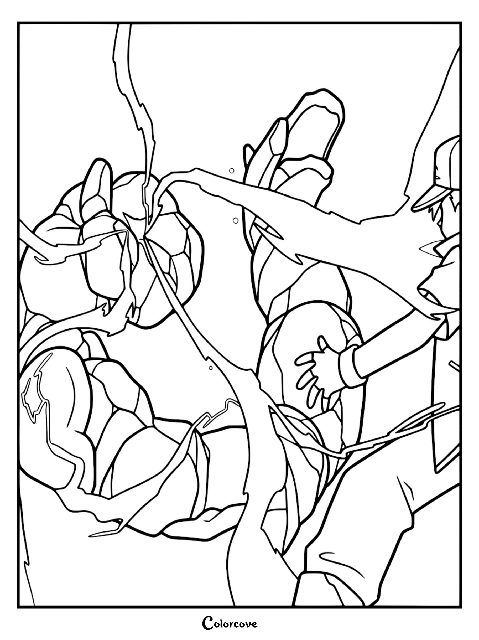 Ash Ketchum reaching out toward Pikachu during a high-voltage electric attack in this detailed Pokémon Indigo League coloring page.