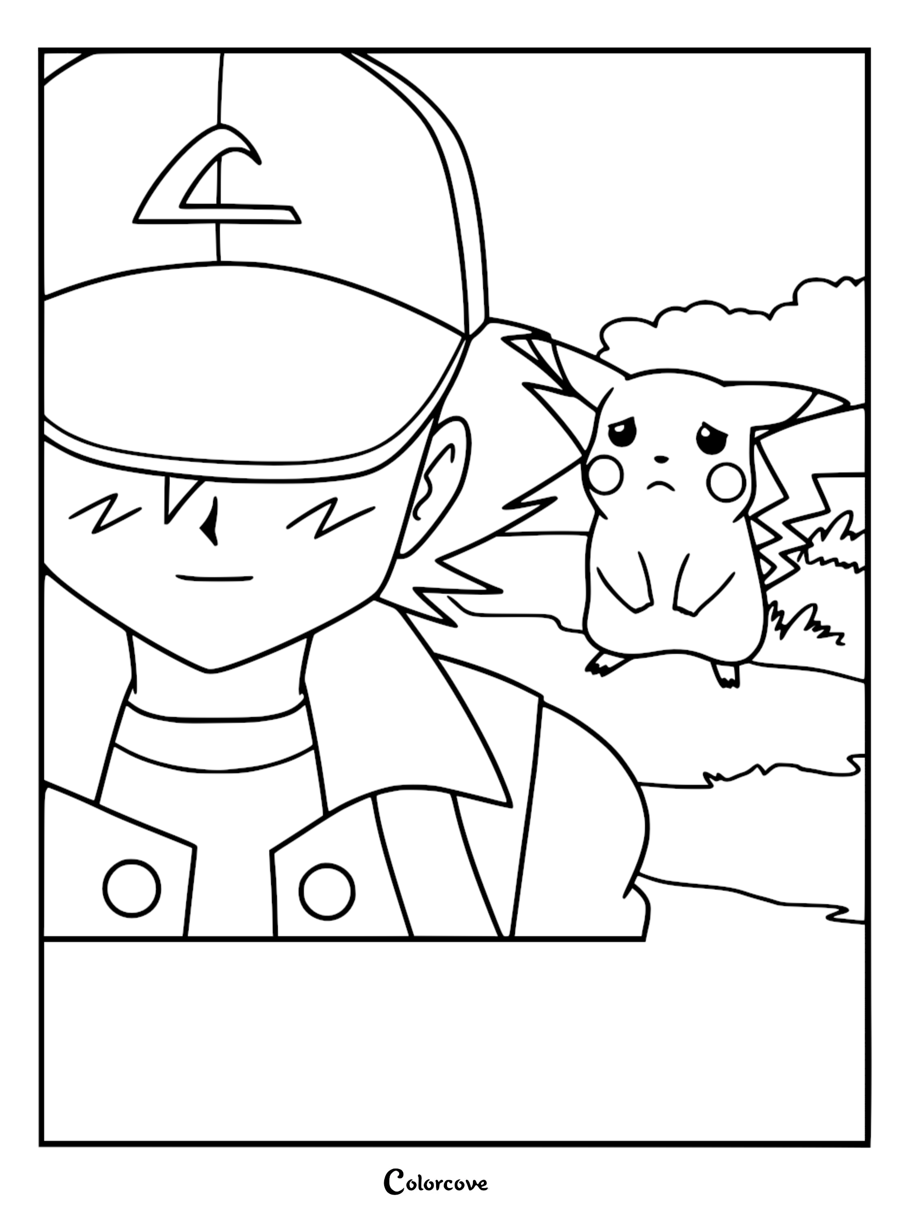 Ash Ketchum in his Indigo League cap looking forward while a sad Pikachu stands in the background on this printable coloring page.