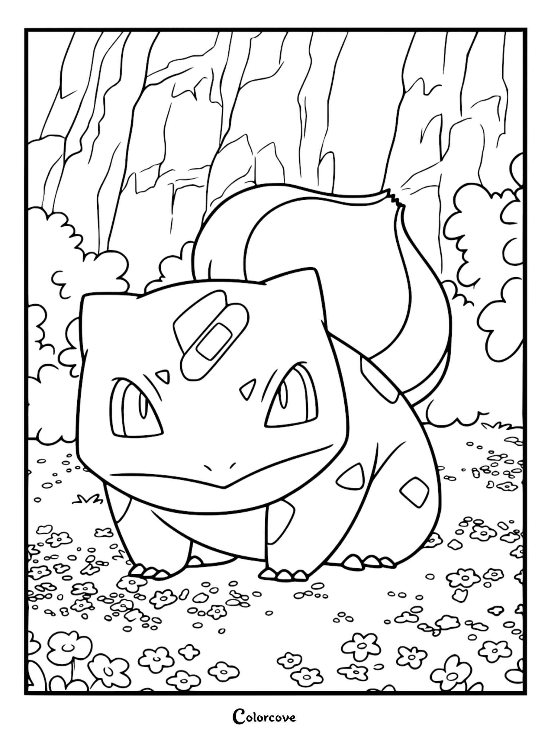 Bulbasaur standing in a flower field with a bandage on its forehead, detailed line art coloring page.