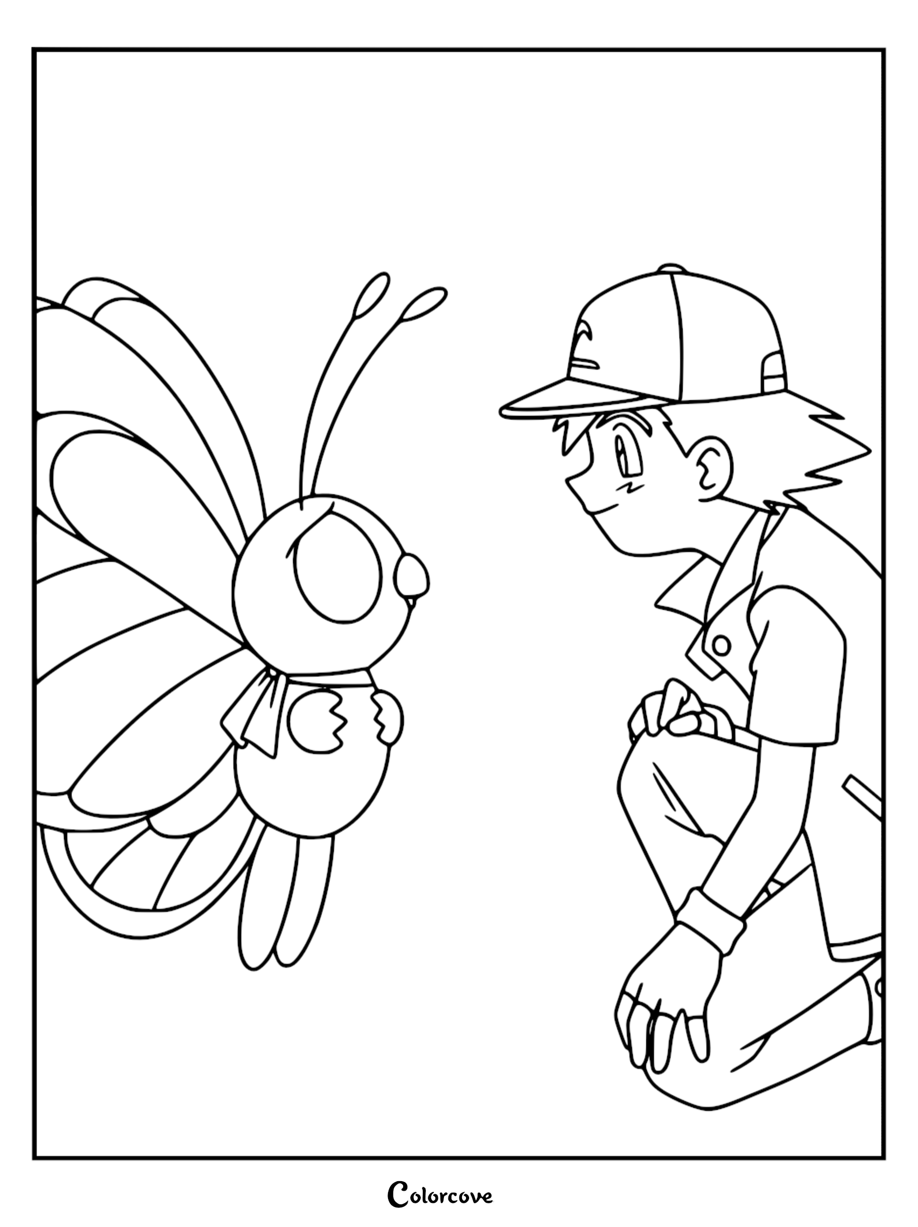 Ash Ketchum kneeling and smiling at a friendly Butterfree in this printable Pokémon Indigo League coloring page.