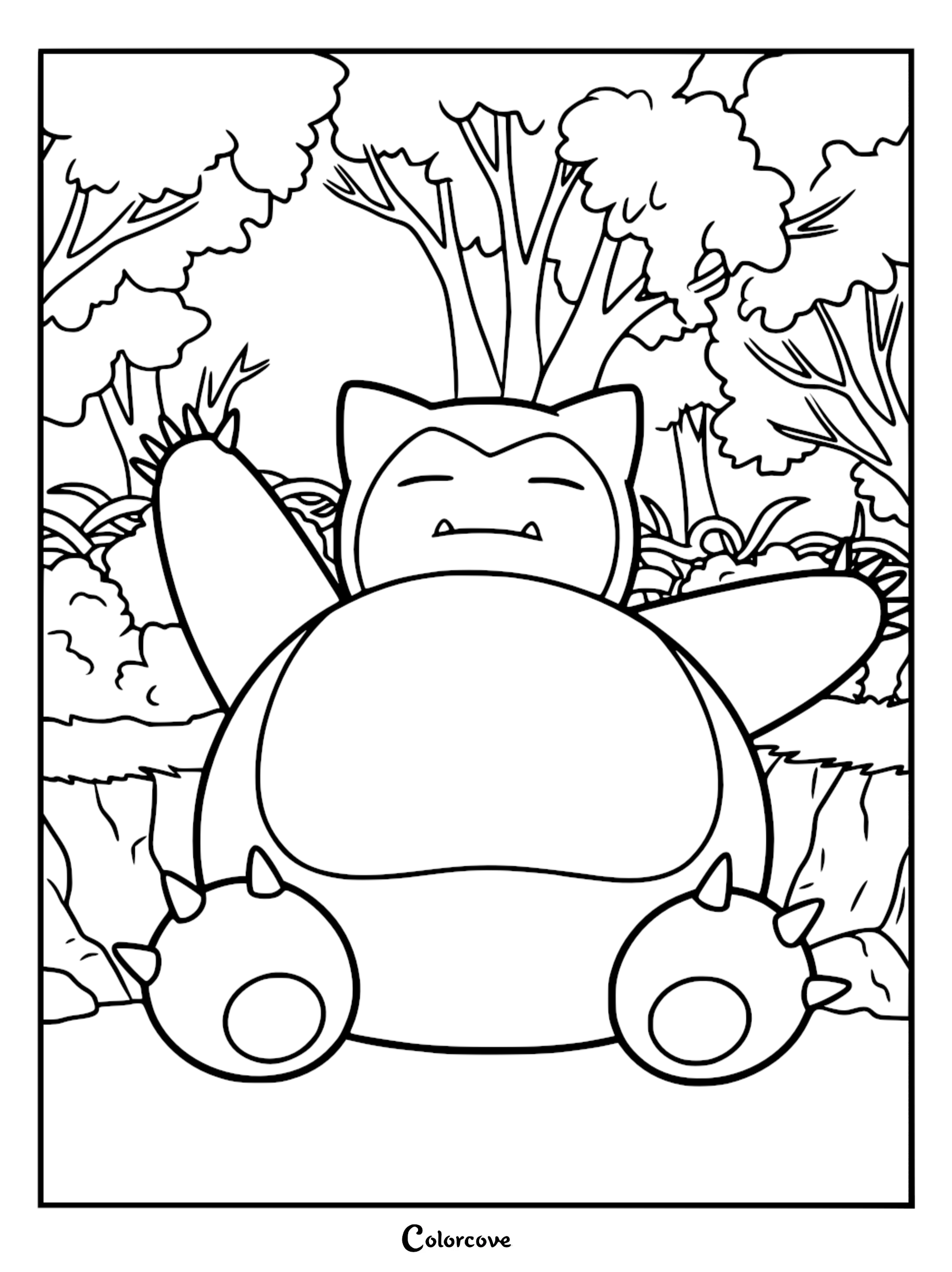 Snorlax sitting with arms raised in a forest setting, printable coloring page for kids.