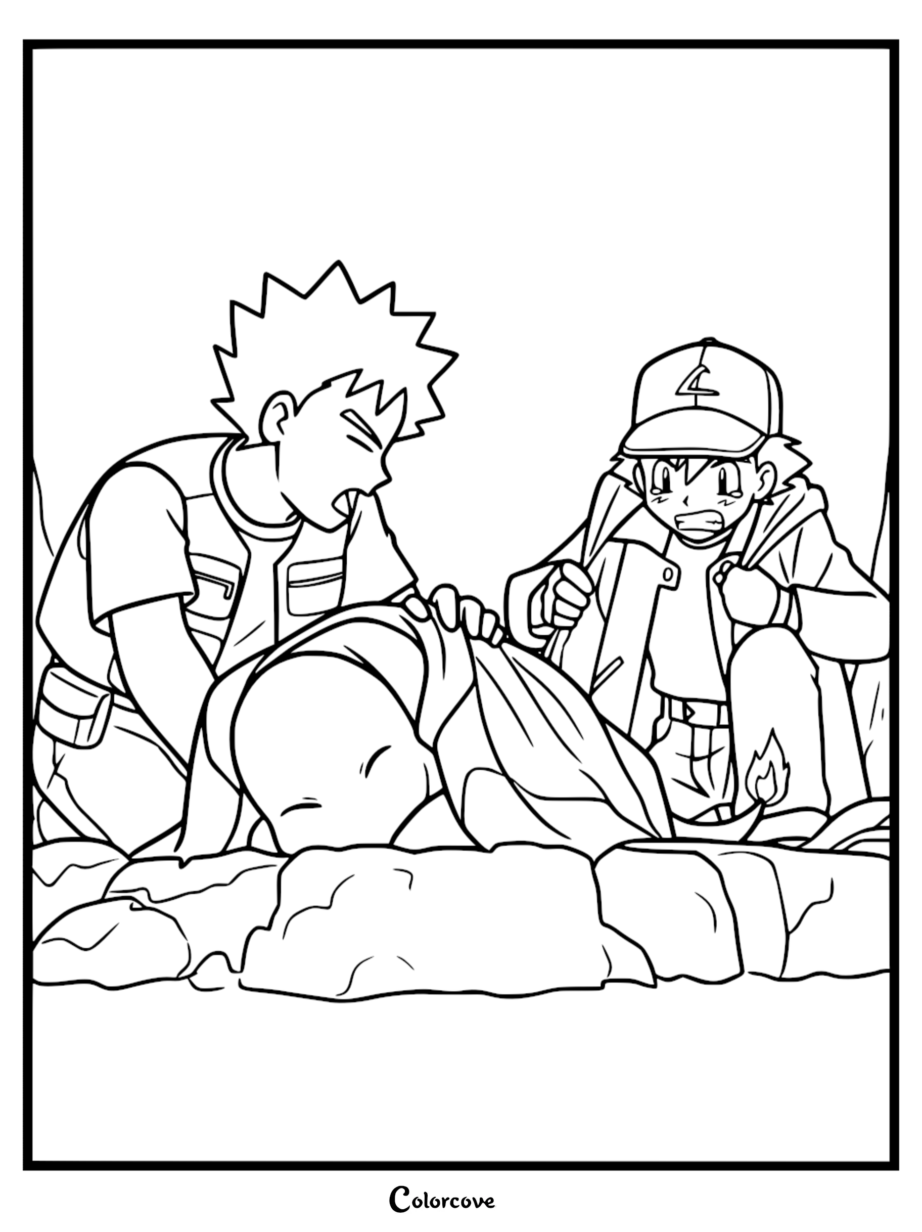 Ash Ketchum and Brock kneeling beside a sick Charmander in this printable Pokémon Indigo League coloring page.