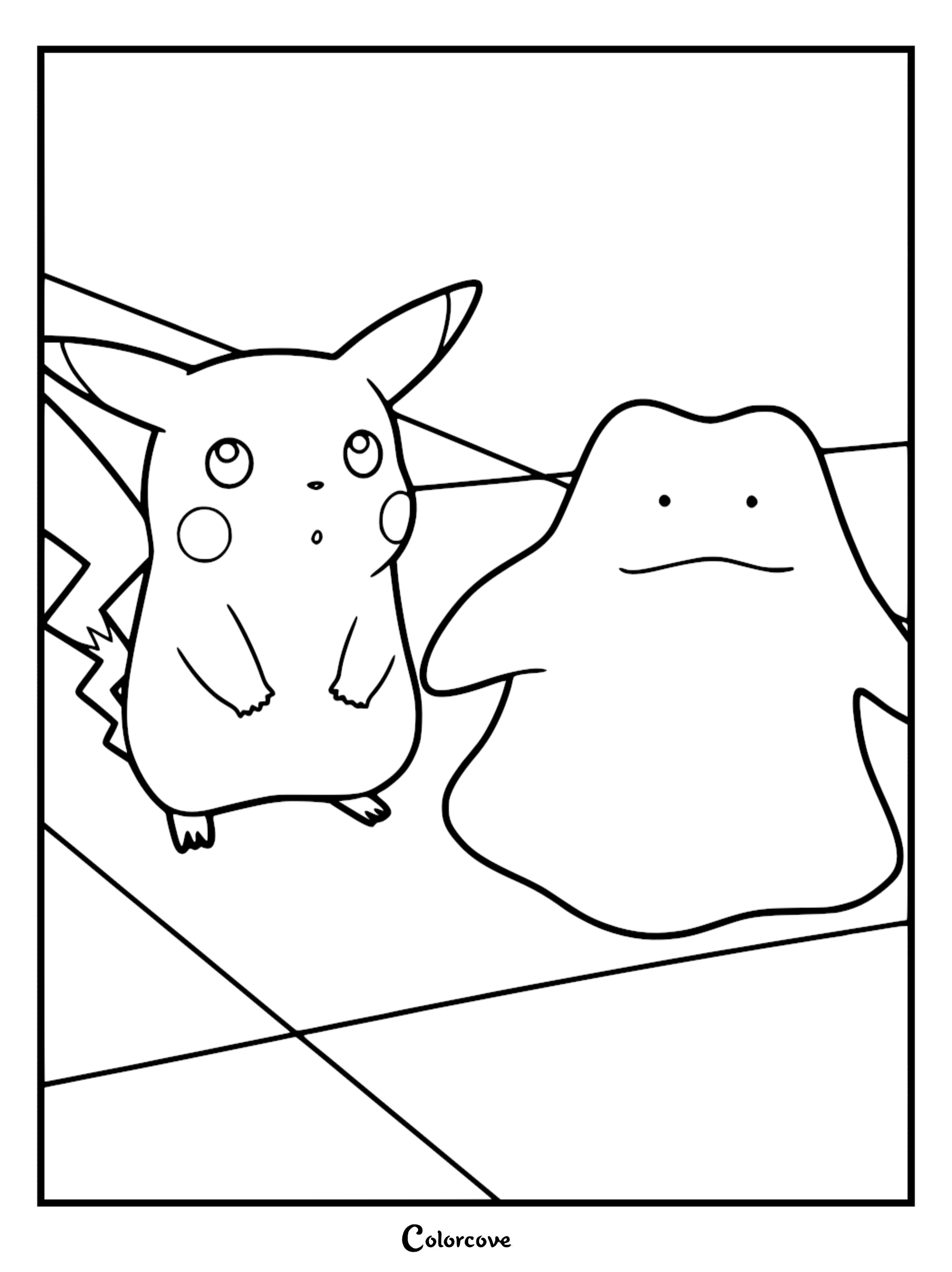 A printable coloring page featuring Pikachu standing next to a Ditto on a flat surface with simple line art.
