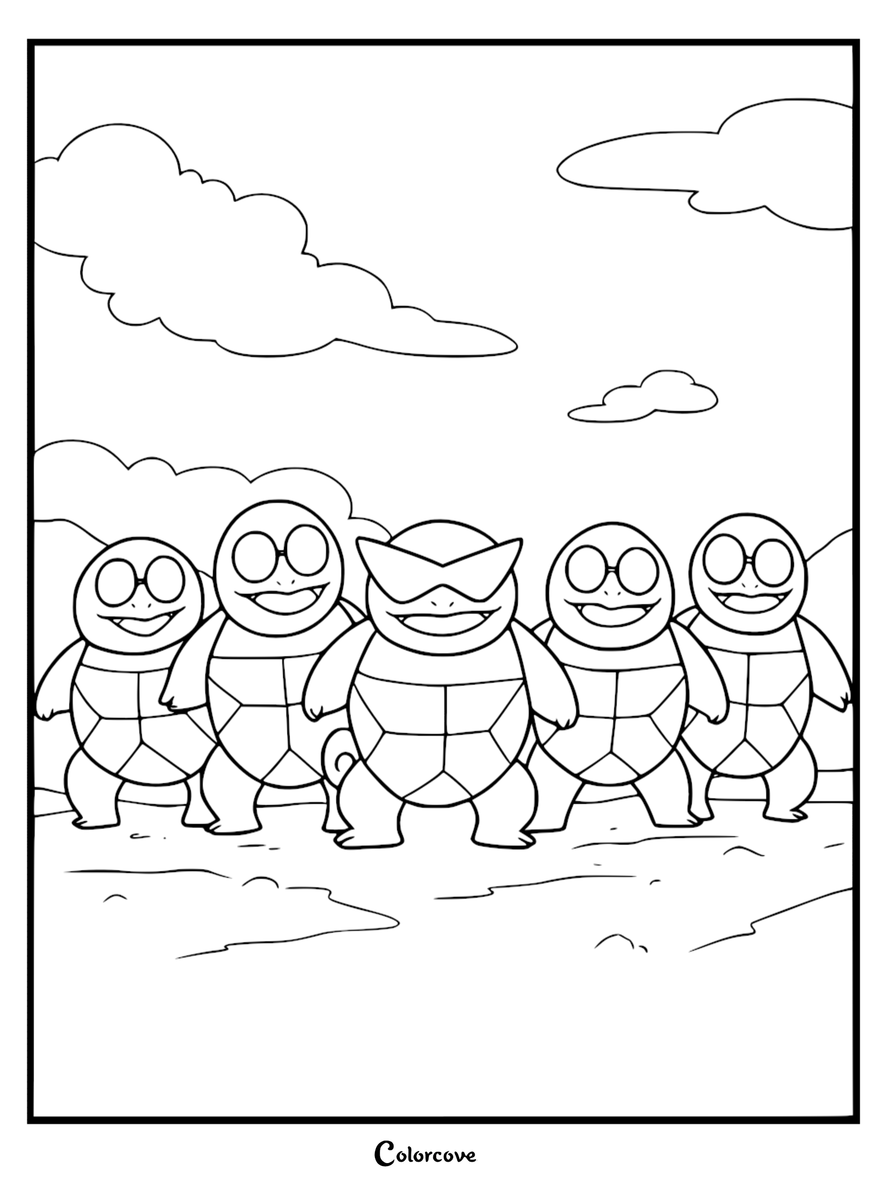 The Squirtle Squad standing together with their leader wearing pointed sunglasses in this printable coloring page.