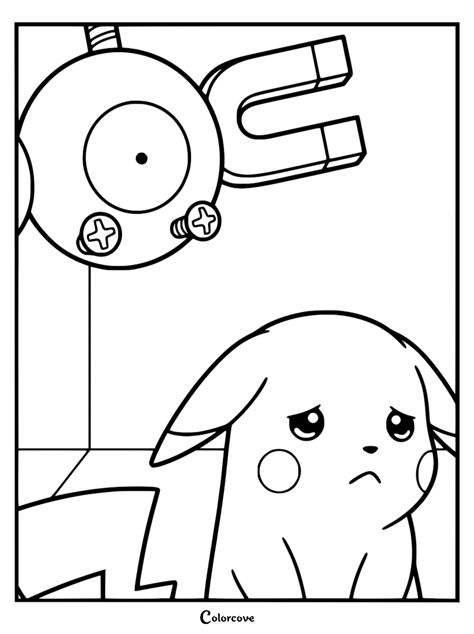 A printable coloring page featuring a sad Pikachu looking down while a Magnemite floats above it with its magnet extended.