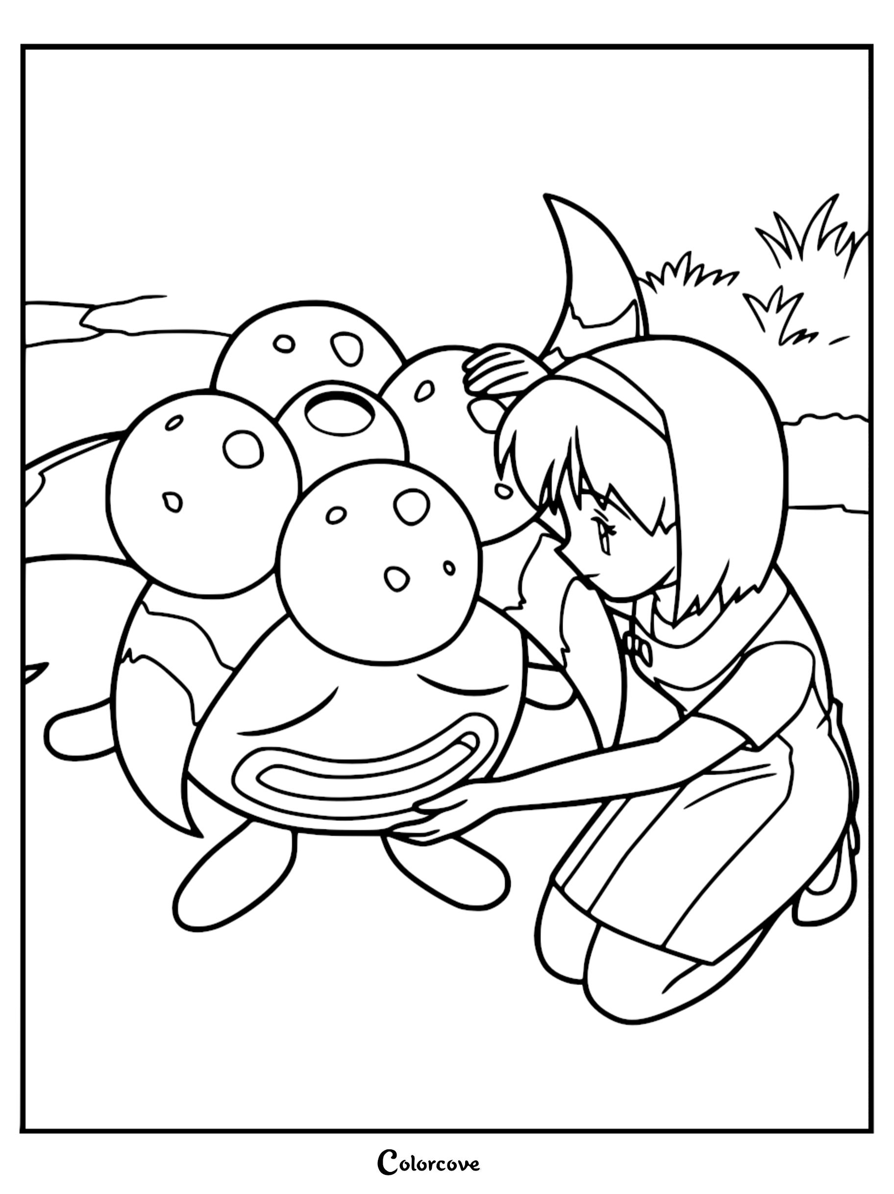 Erika gently pets her Gloom in a grassy field. in this Pokémon Indigo League coloring page.