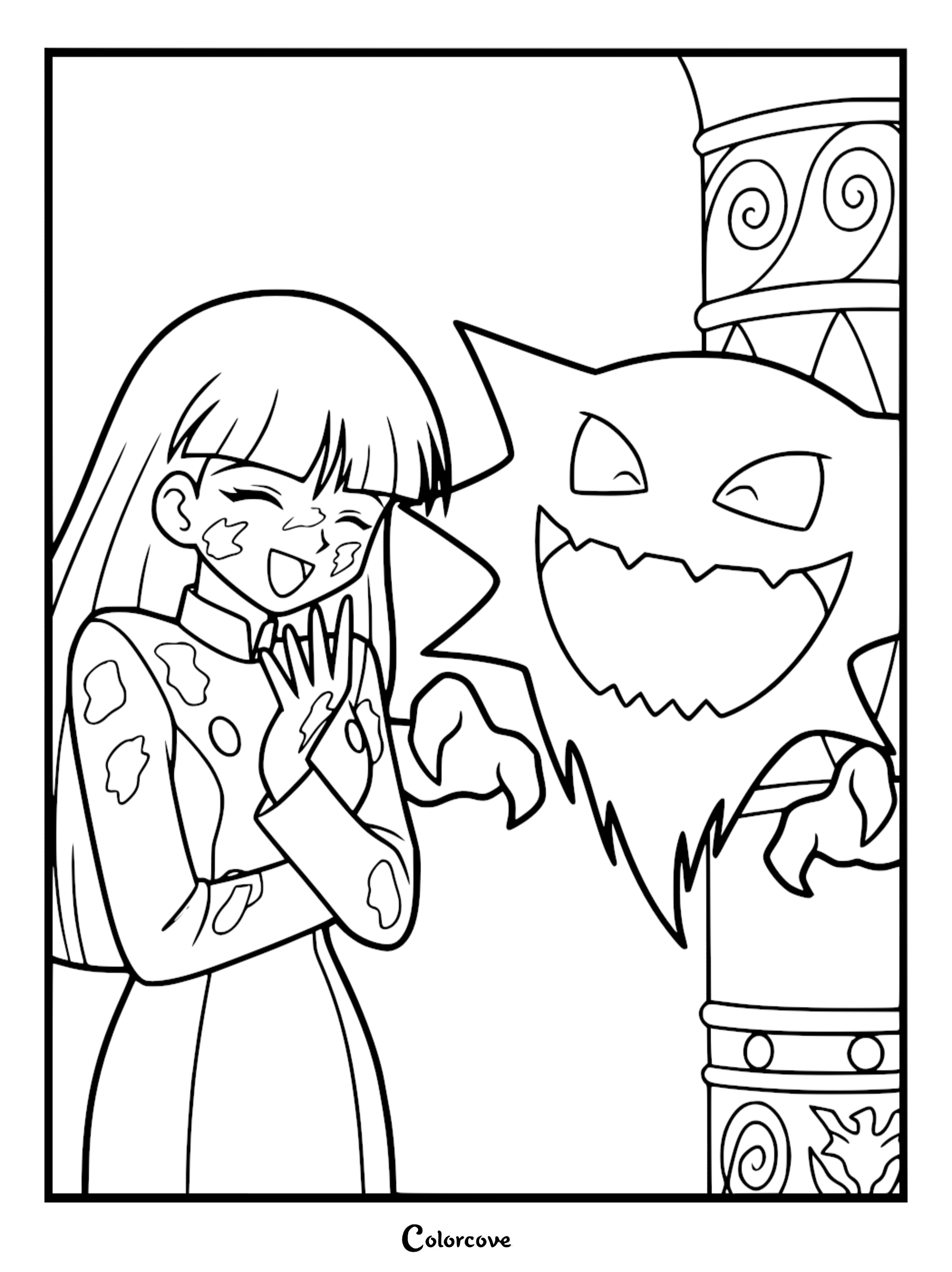 Sabrina laughing with mud on her face and clothes while Haunter peeks from behind a stone pillar in this printable coloring page.