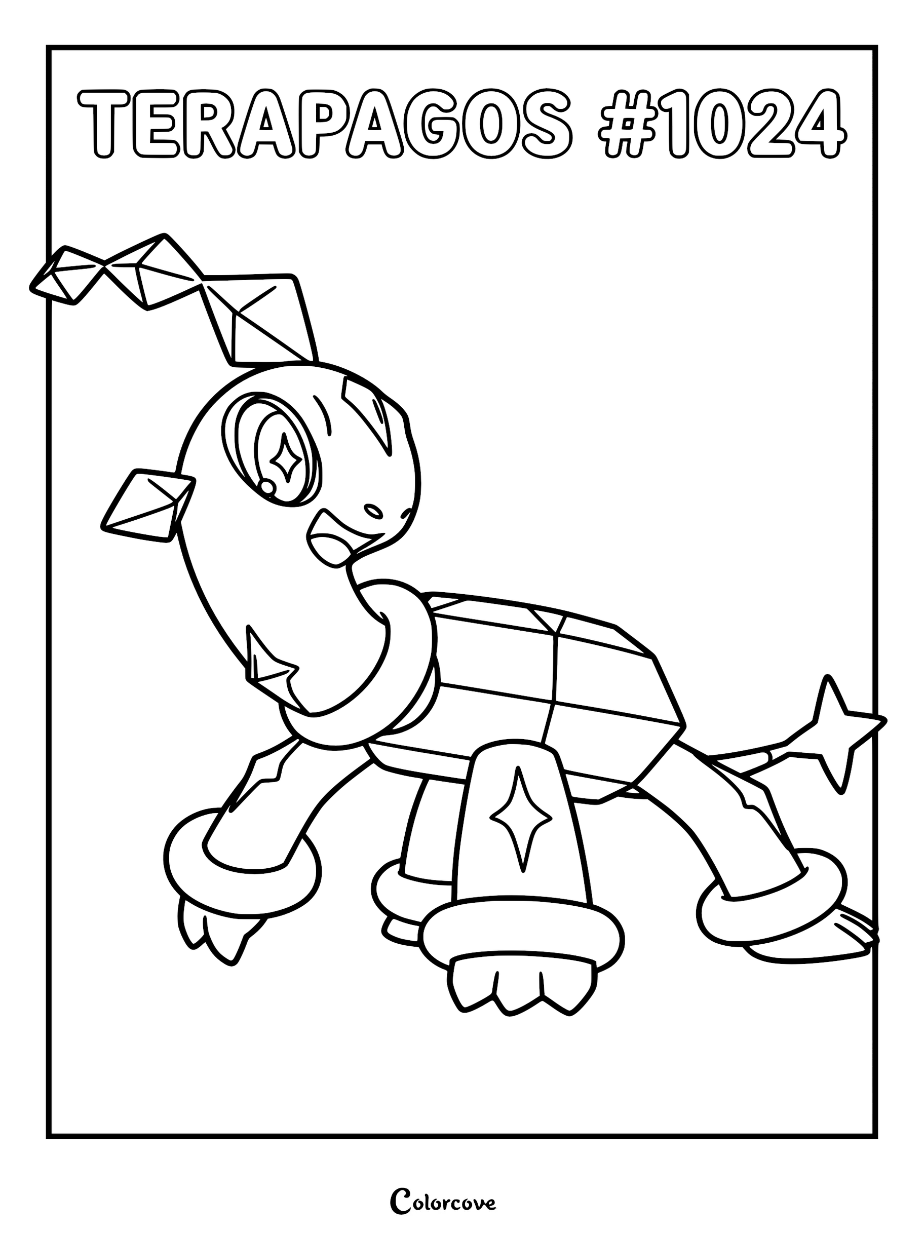 Terapagos in its Normal Form with crystal shell and star-shaped eyes, featured on a printable coloring page.