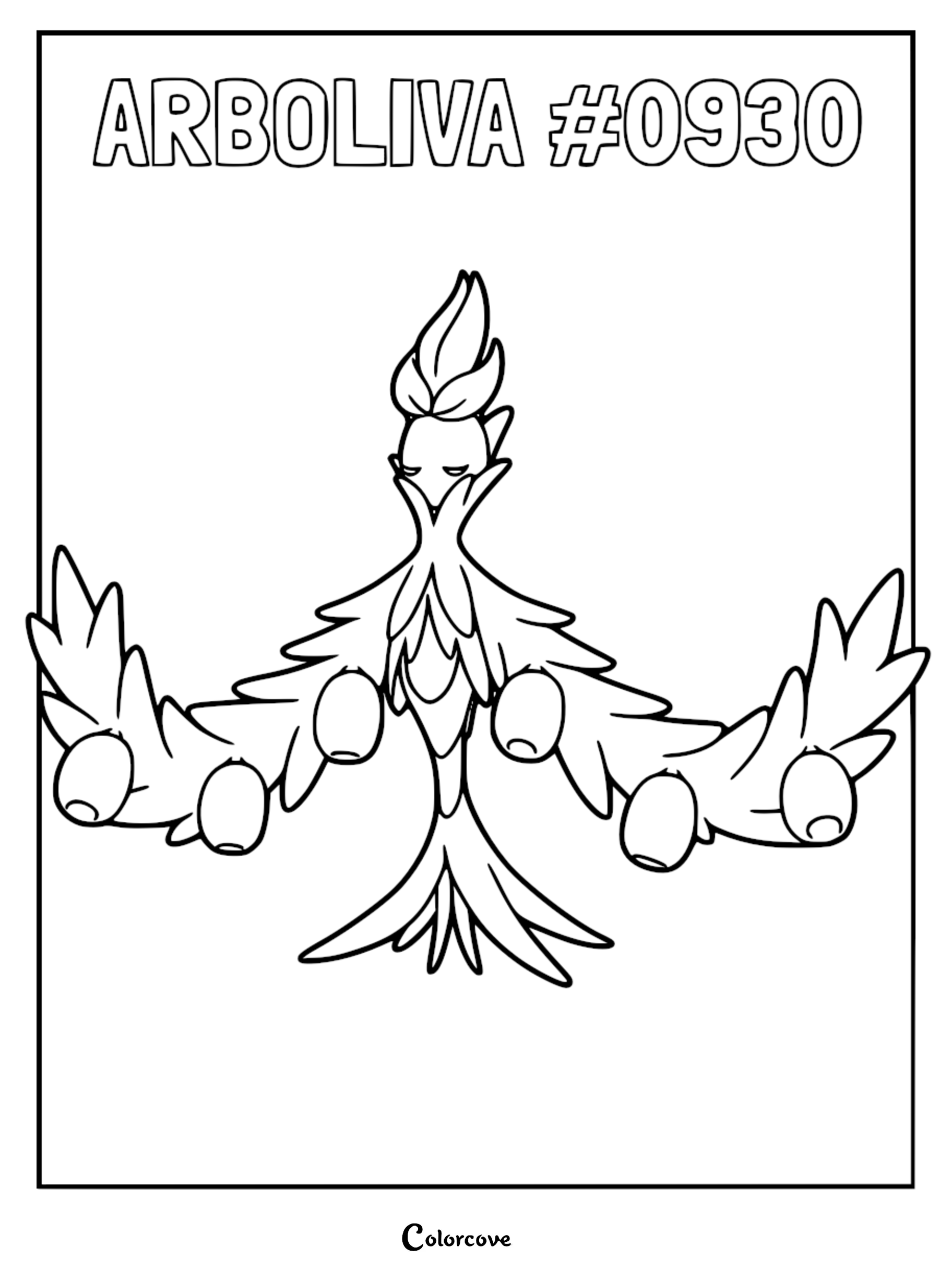 Arboliva Pokémon coloring page featuring the olive-inspired creature with leafy arms and fruit, clean line art style.
