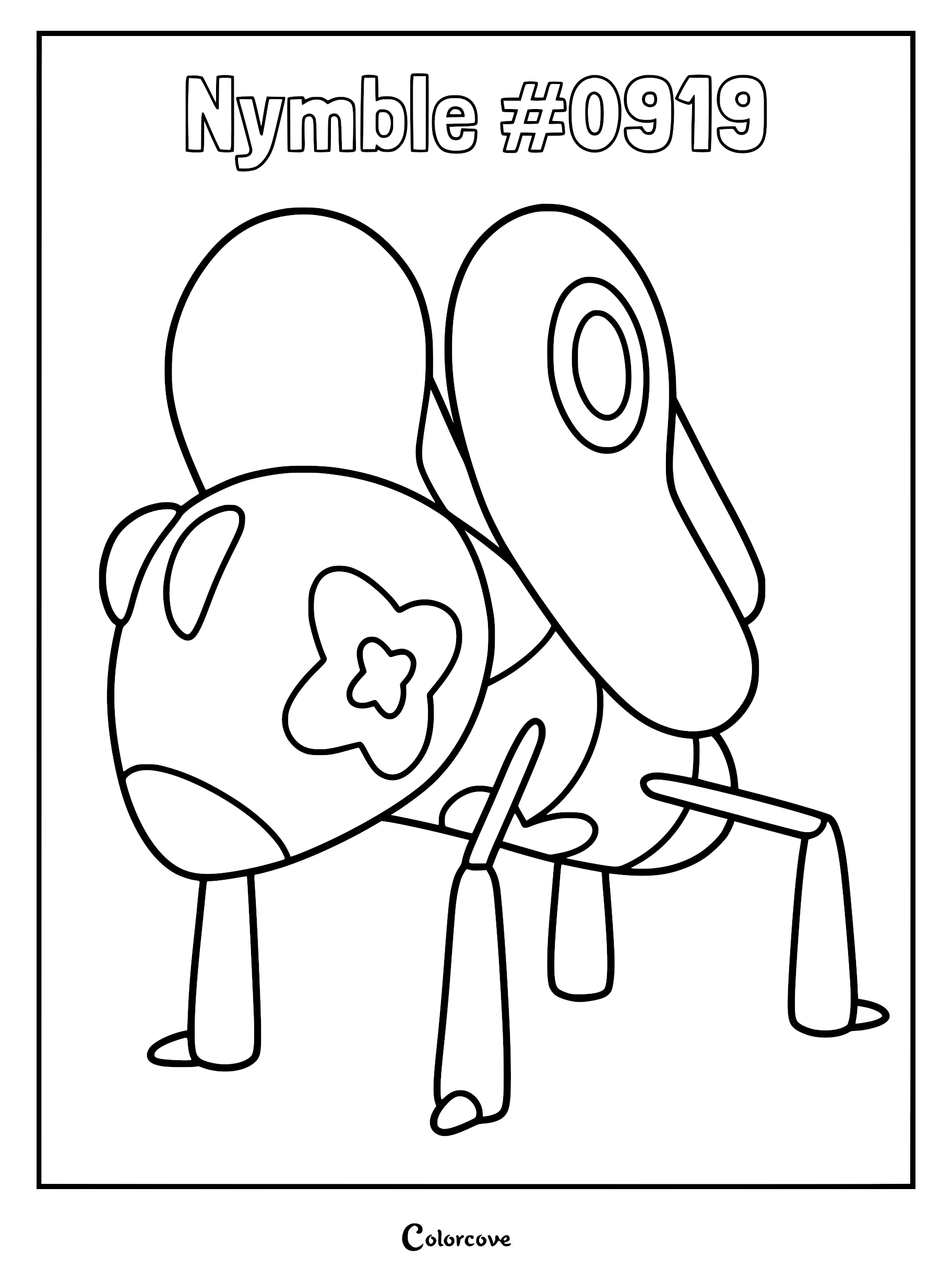 A printable coloring page featuring the Paldean Pokémon Nymble with its distinct large eyes and folded wing structures.