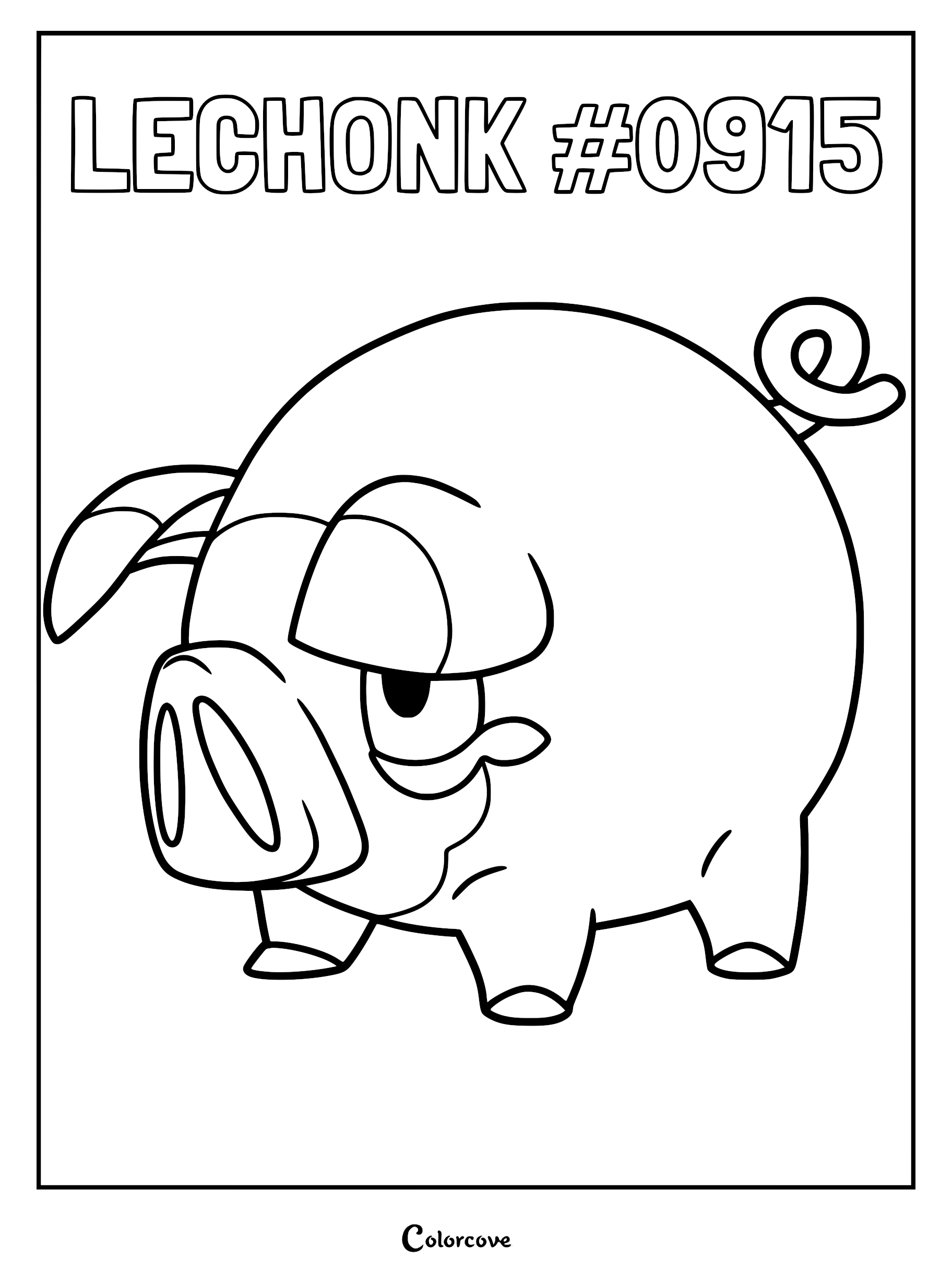 A printable coloring page featuring Lechonk, the round pig Pokémon, with its signature curly tail and droopy eyes.