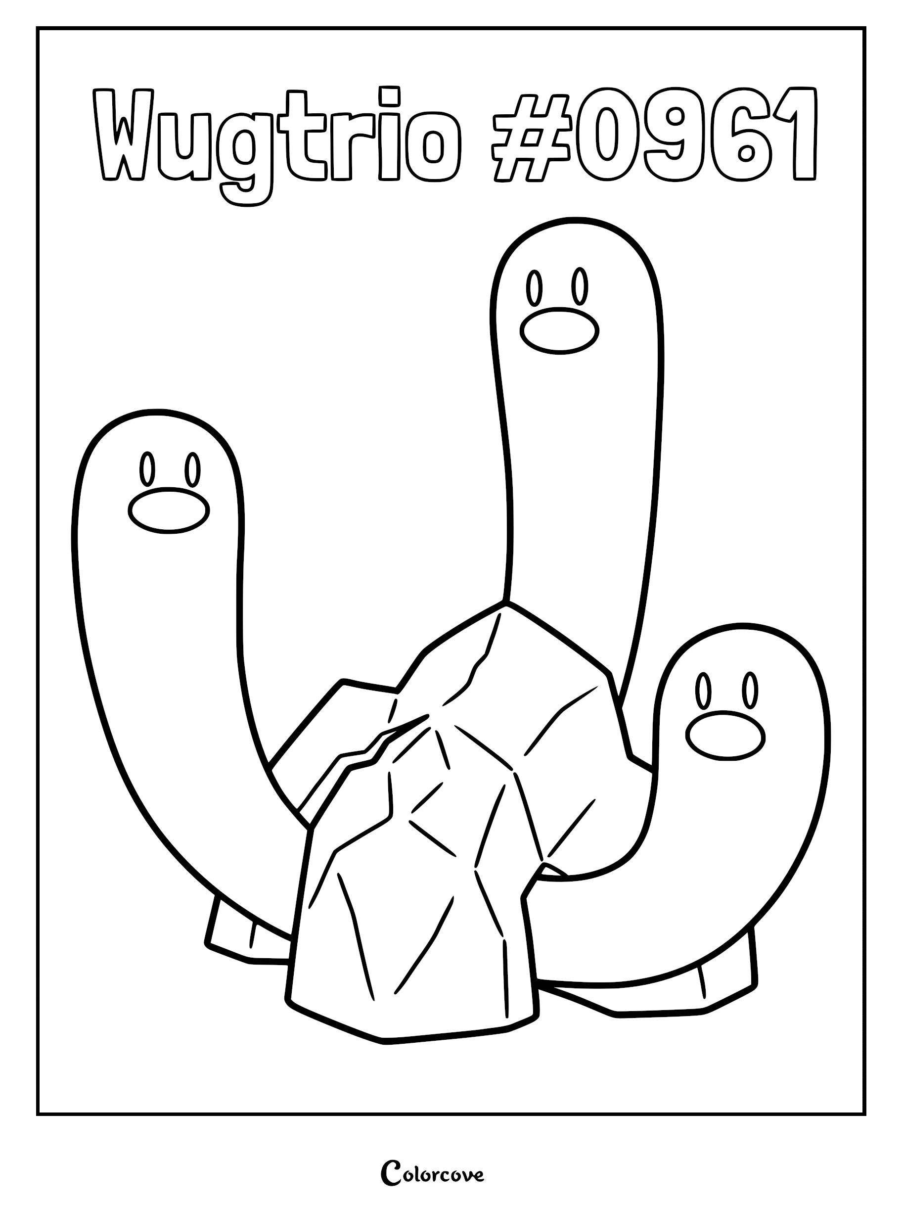 Wugtrio coloring page featuring the three-headed Paldea Pokémon emerging from a rocky base with clean line art.