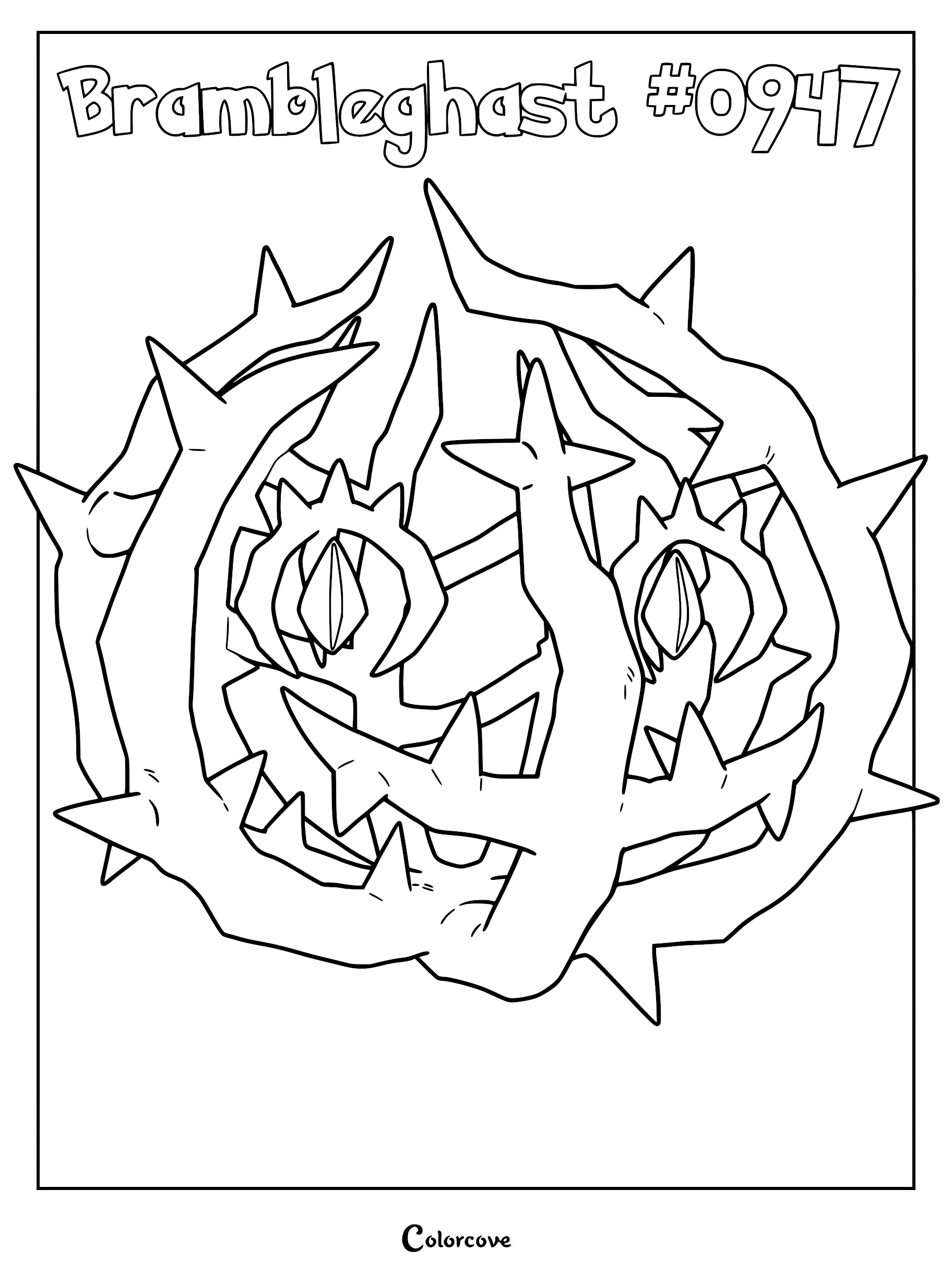 A detailed black and white line art coloring page of the Paldean Pokémon Brambleghast, featuring its thorny, tumbleweed-like body and glowing eyes.