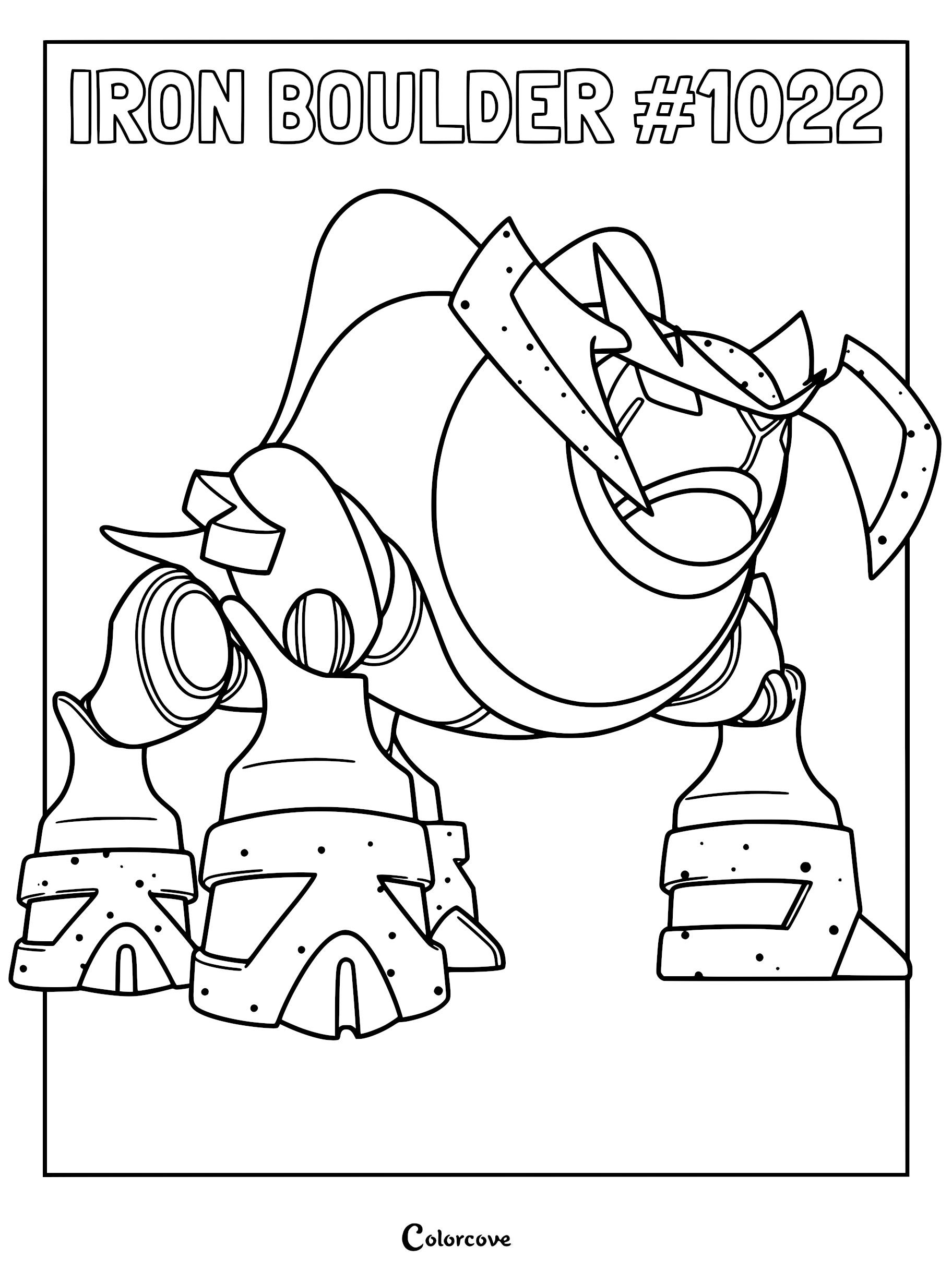 Iron Boulder #1022 line art coloring page featuring the robotic Paldean Pokémon with its signature metallic horns and heavy legs.