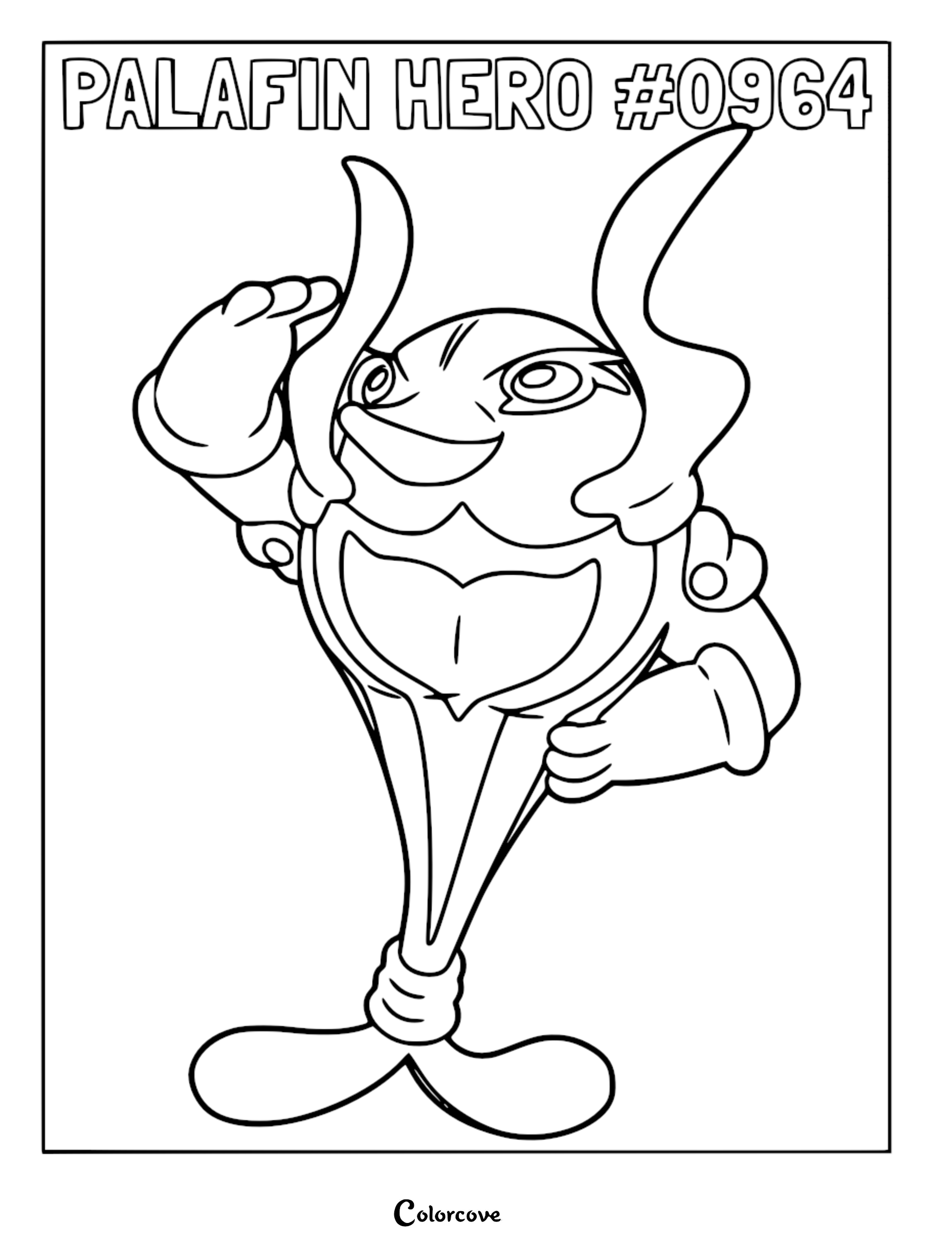 Palafin Hero Form coloring page featuring the dolphin Pokémon saluting with its fin in a heroic pose.