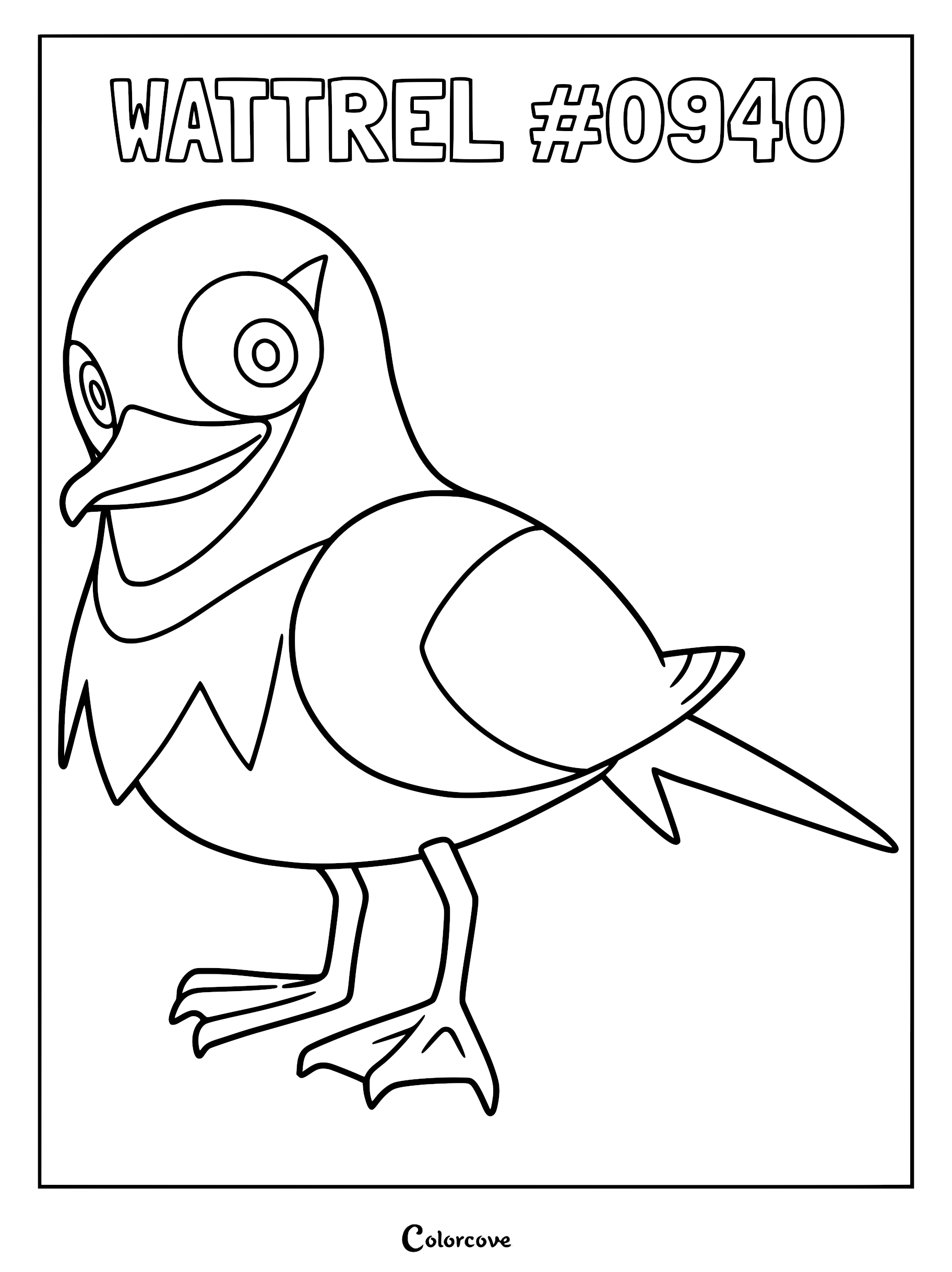 Wattrel Pokémon line art coloring page featuring the small bird-like creature with large circular eye markings and sharp beak.