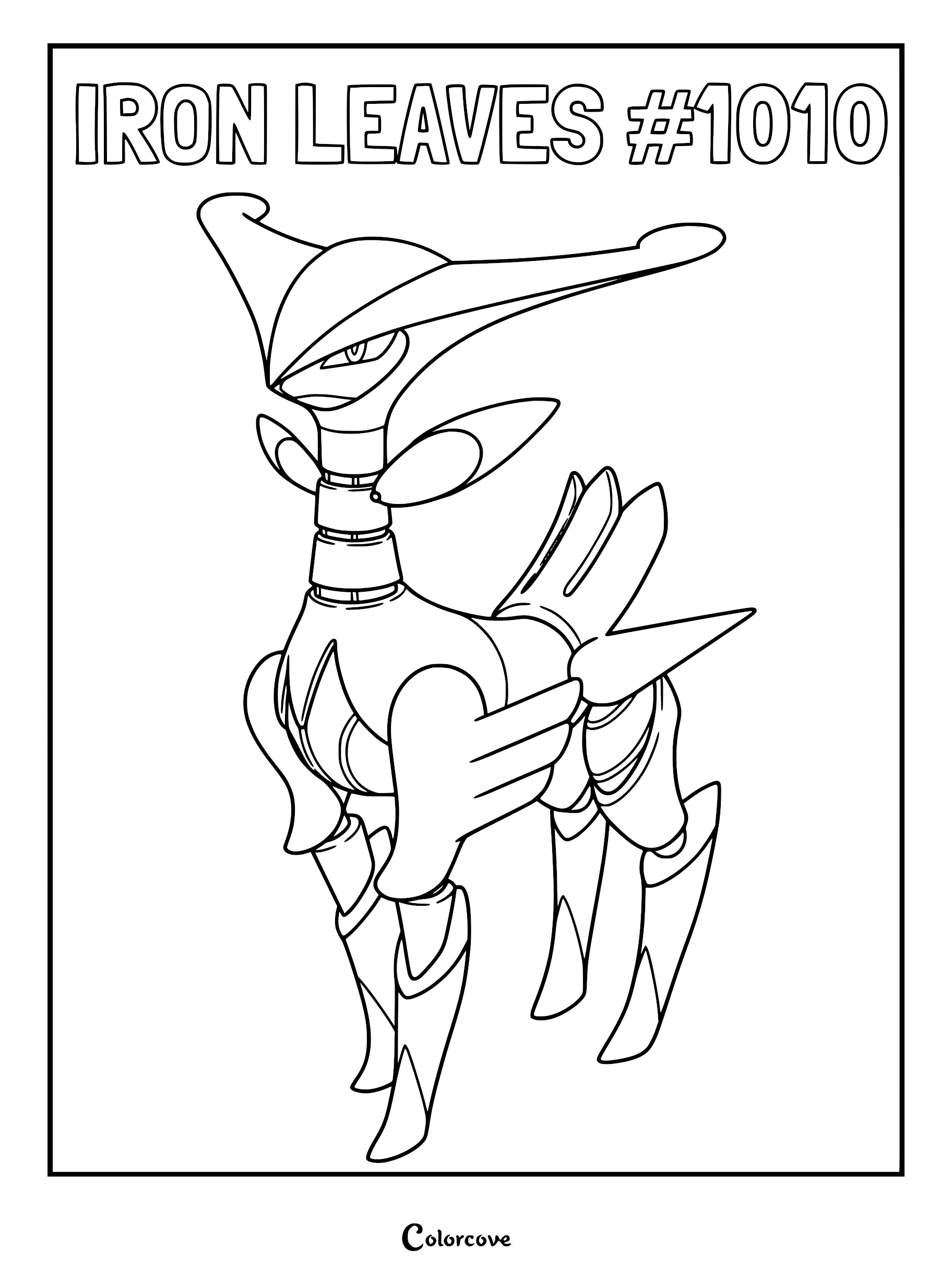 Iron Leaves coloring page featuring the robotic Paradox Pokémon standing in a sharp, angular pose with its signature blade-like head crest.