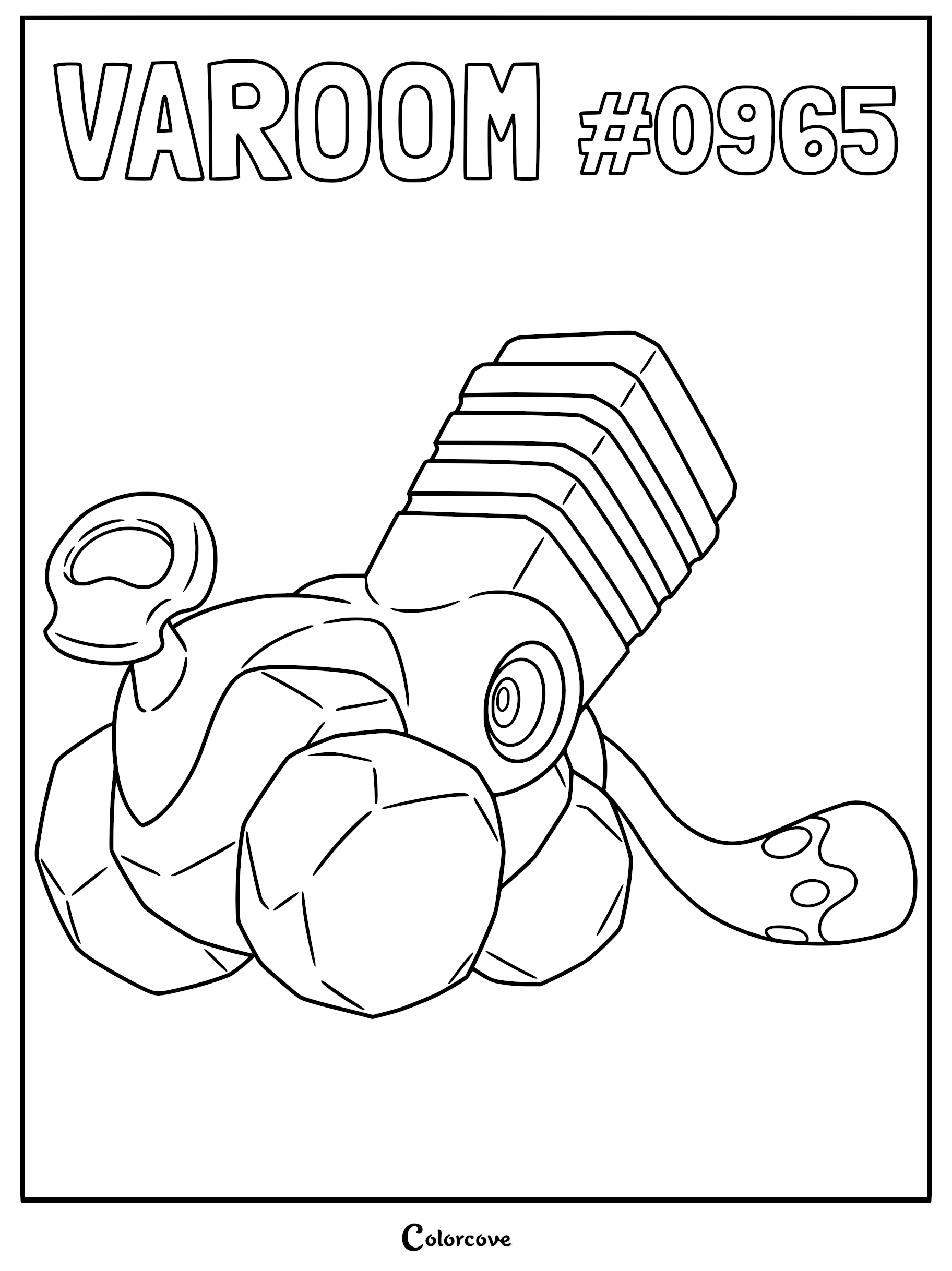 A printable coloring page featuring the Gen 9 Paldea Pokémon Varoom with its engine-like body and rock-shaped wheels.