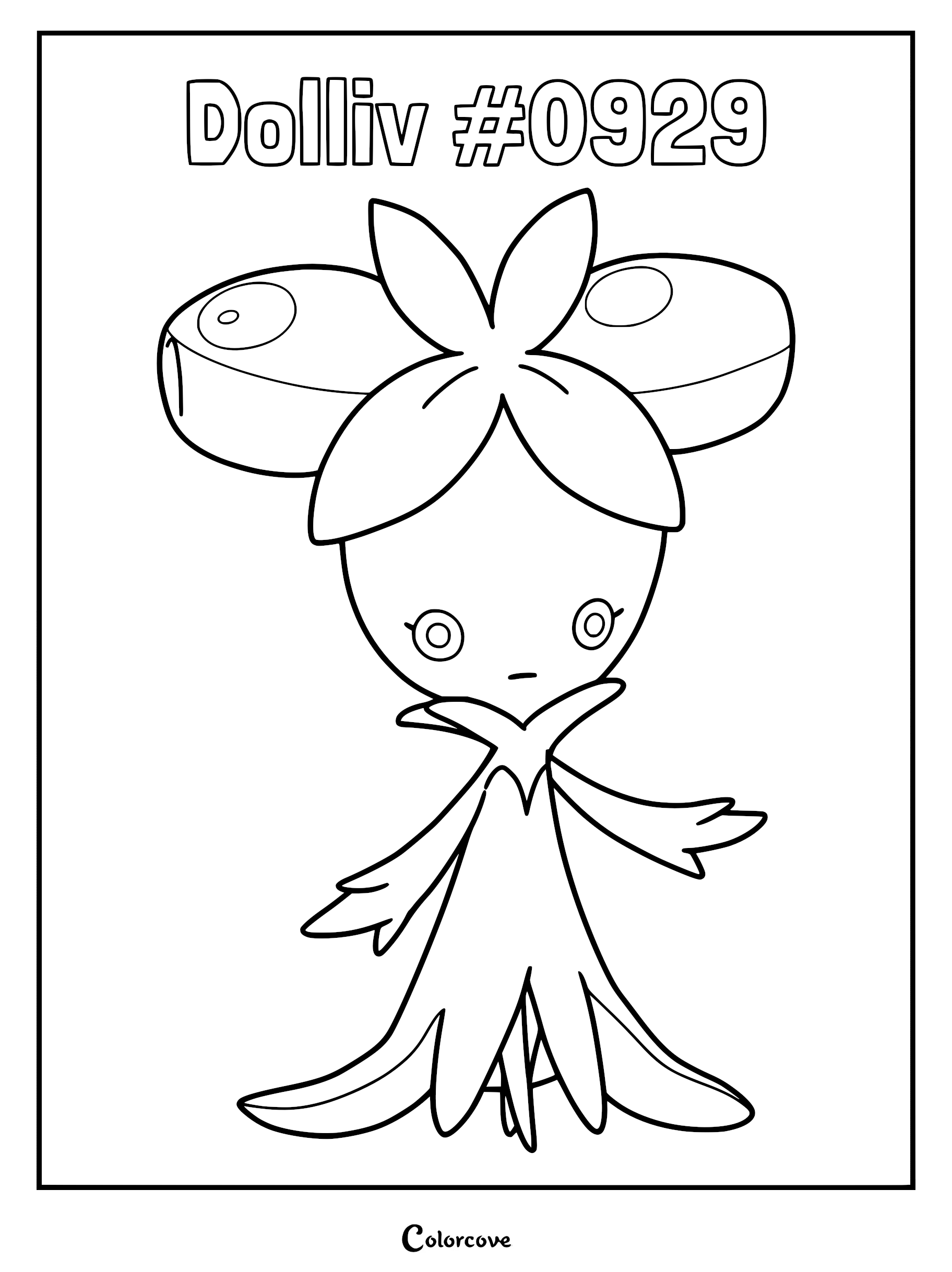 A printable coloring page featuring the Grass-type Pokémon Dolliv with its signature olive-shaped head and leaf-like body.