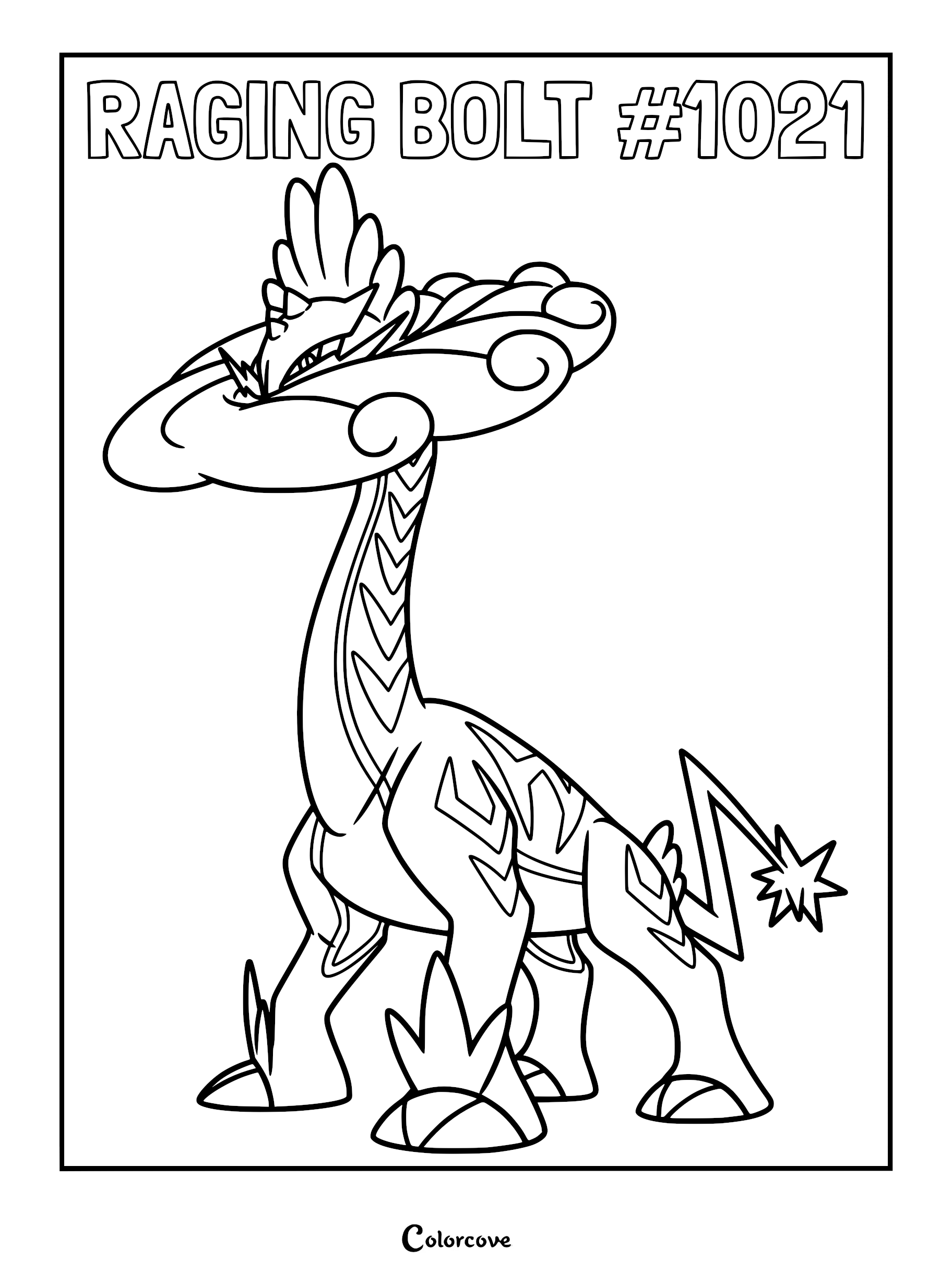 Raging Bolt standing tall with its long neck and cloud-like mane in a printable coloring page format.