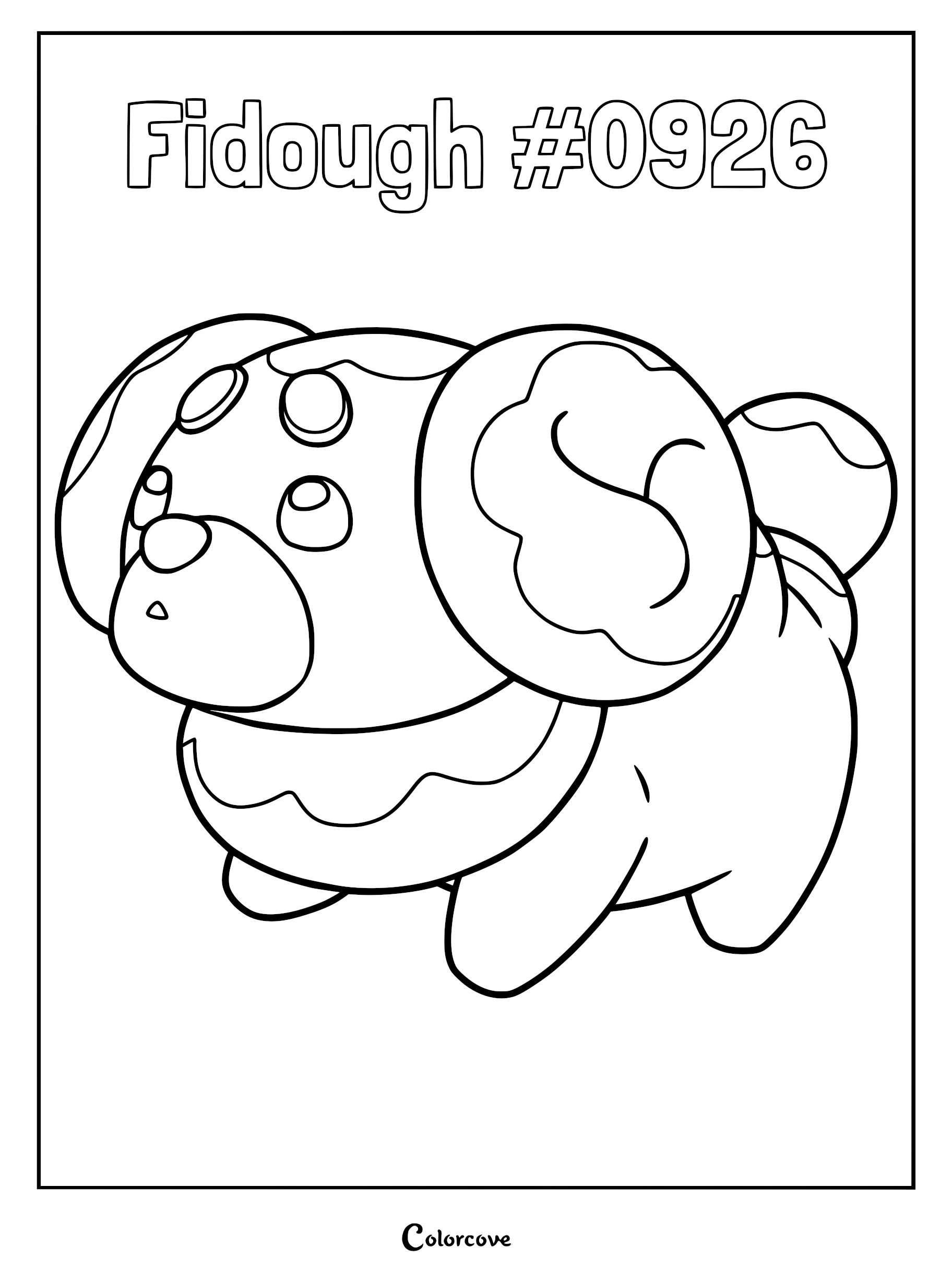 A printable coloring page featuring Fidough, the dough-like puppy Pokémon, with its signature bread-roll ears and tail.