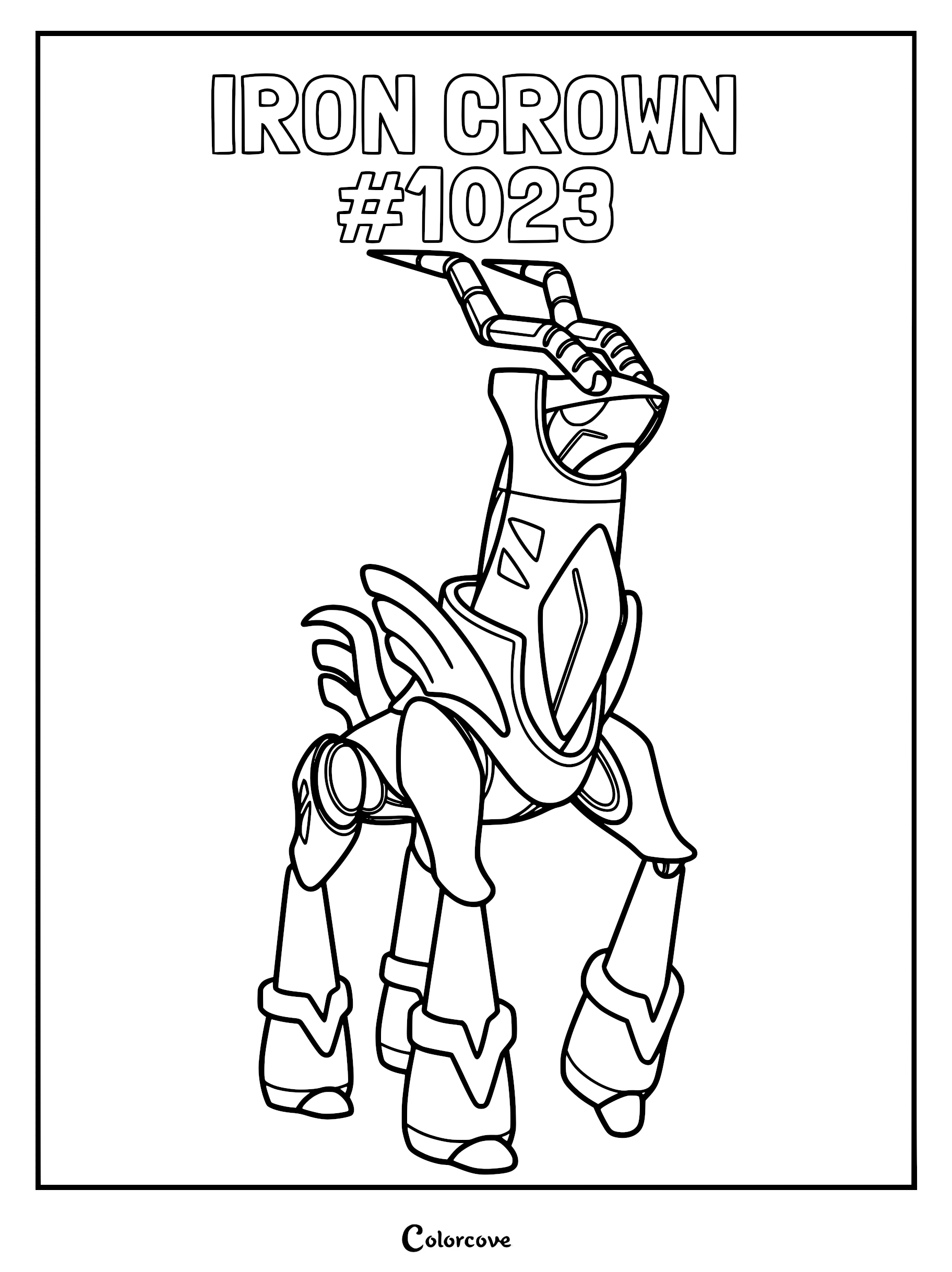 Iron Crown coloring page featuring the robotic Paldea Pokémon with its distinct metallic horns and sleek mechanical body design.