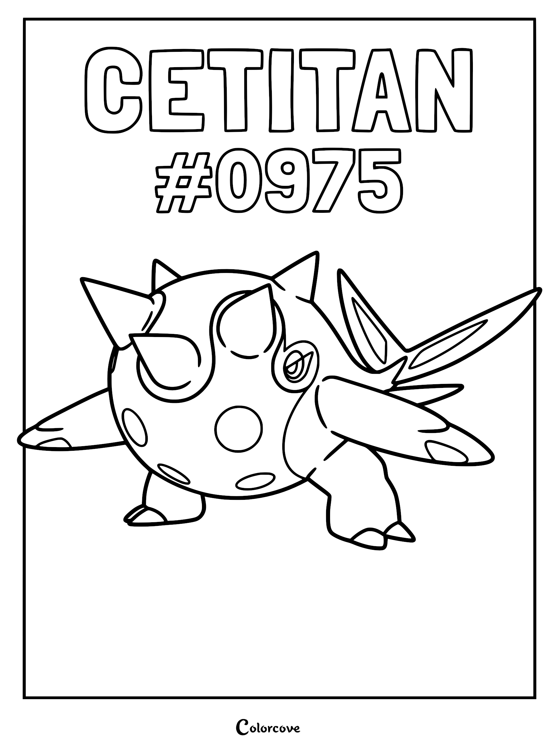 Cetitan coloring page featuring the large, spherical Ice-type Pokémon with prominent horns and fins.